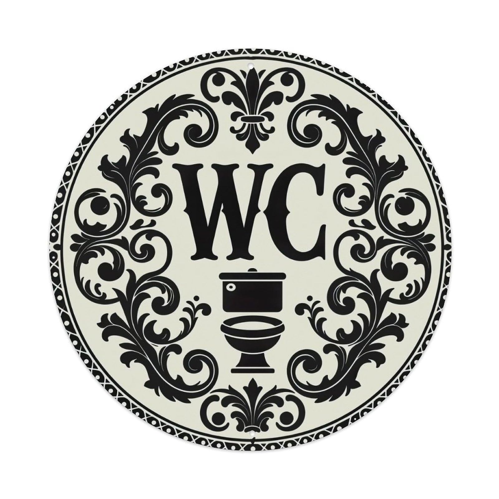 Ornate Circular WC Sign Pattern Round Metal Tin Sign