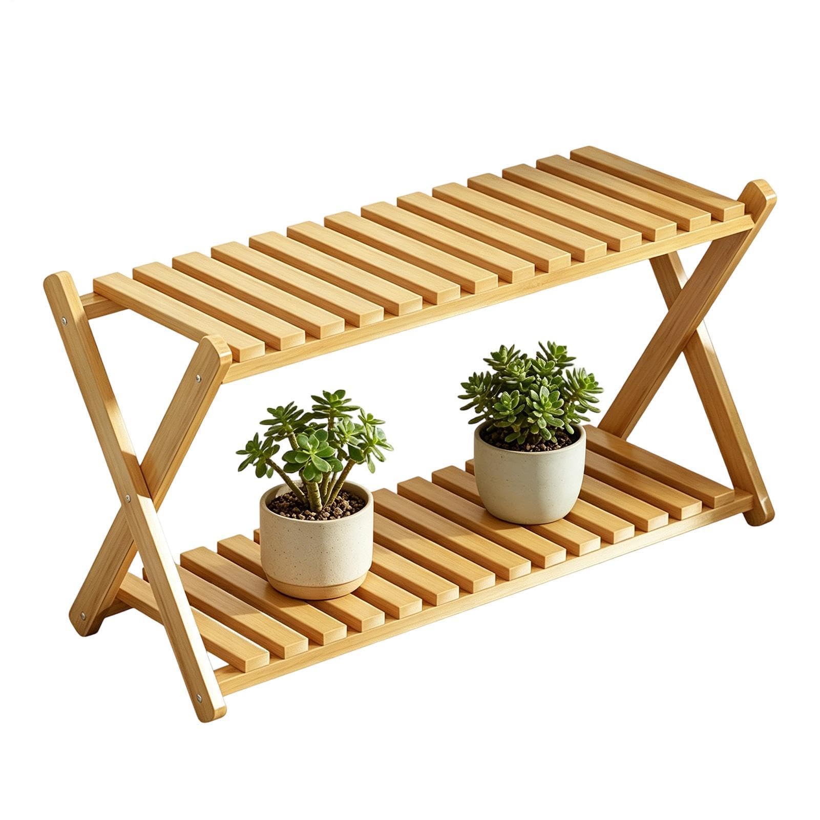 Support de d'extérieur en bois noble porte-pots à deux niveaux pour terrasse moderne