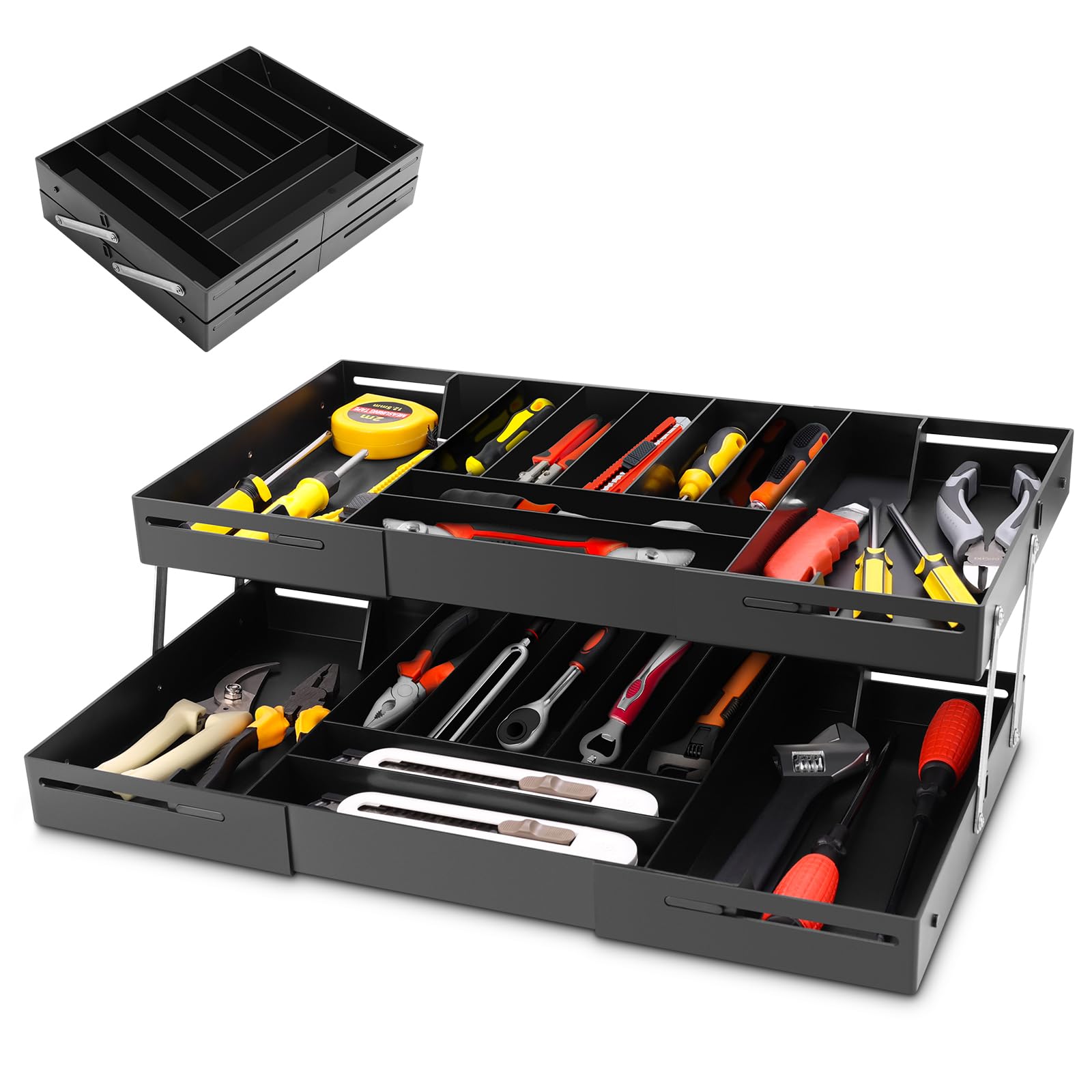 Organizer per cassetti a 2 ripiani, extra large e alto, espandibile, organizer da scrivania per strumenti di ferramenta, trucchi, gioielli (nero)