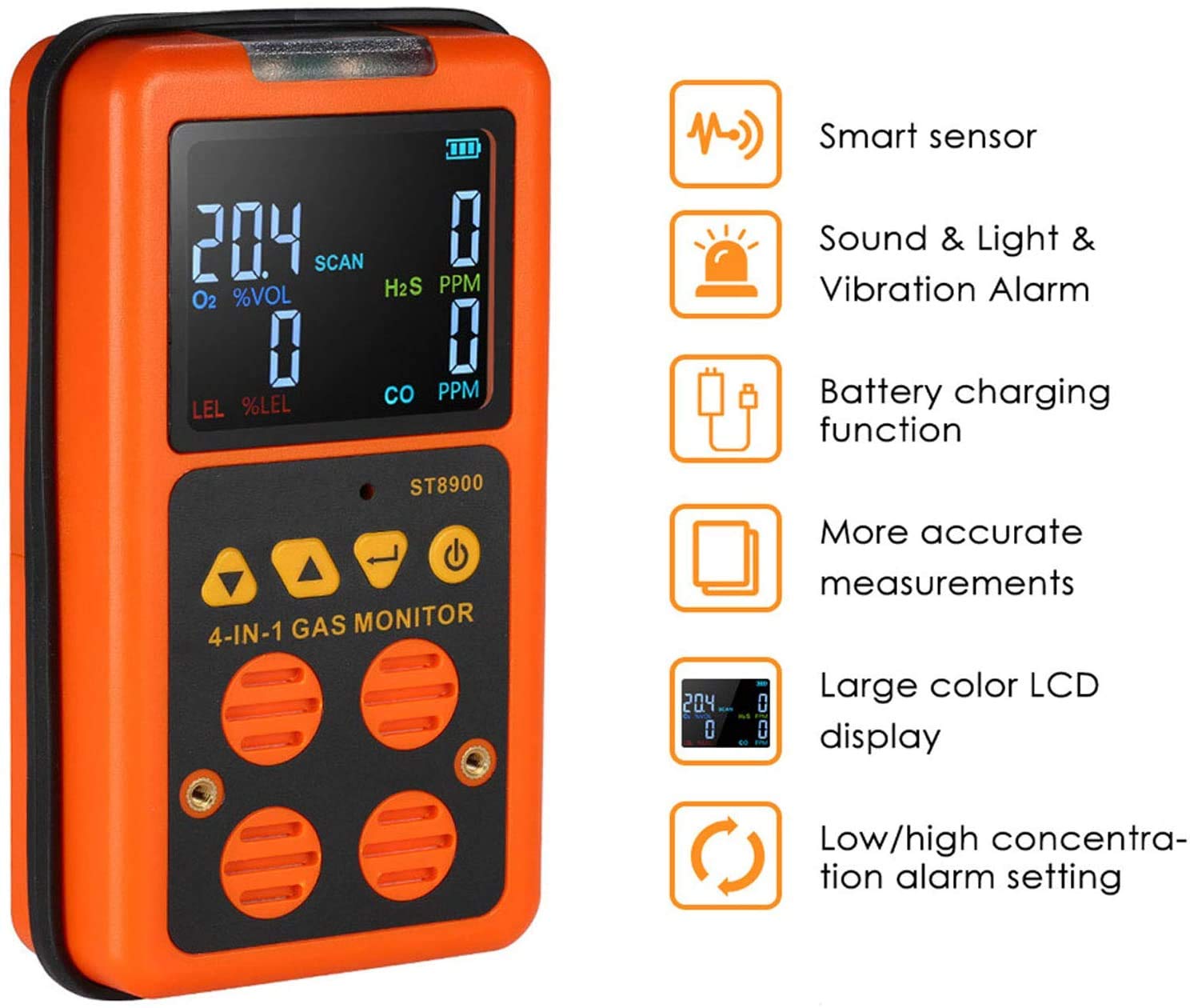 Précis Détecteur Portable Multi-gaz - analyseur de testeur de Compteur de Moniteur à 4 gaz (H2S, O2, CO et LEL) Moniteur de gaz avec Alarme de Type Voix Détecter