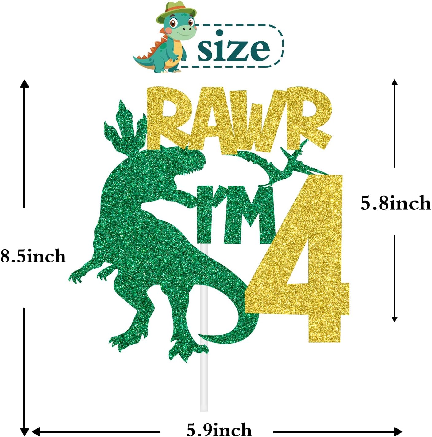 Rawr I’m 4 Cake Topper, Happy 4th Birthday Cake Decor for Boys, Four Rex, Dinosaur Jungle Safari Theme 4th Birthday Party Decorations Supplies Green Glitter - Image 5