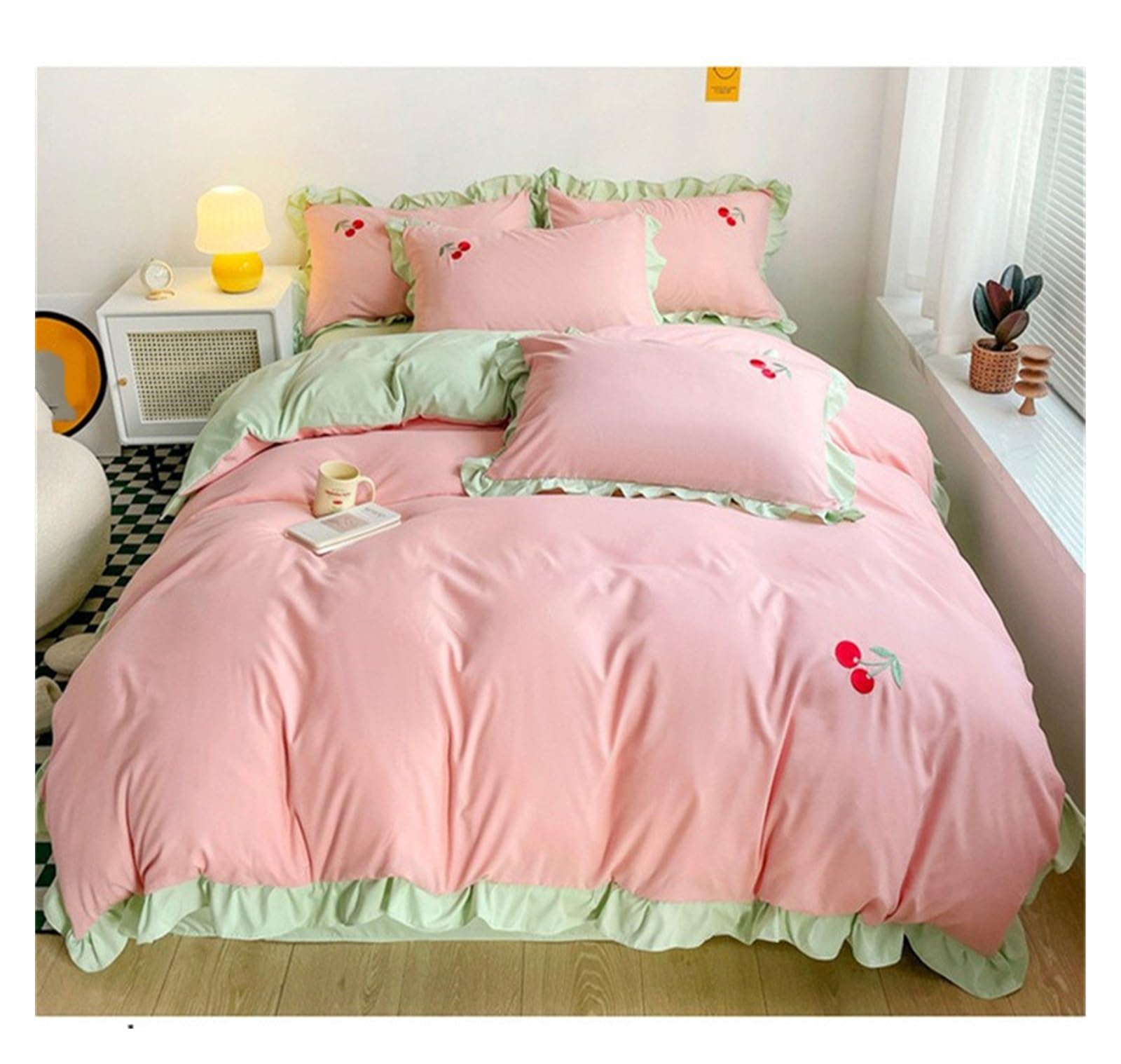 ZXGRfdefa Bedding Set, Bedding Set Cute Girl Ruffle Lace Duvet Cover Bed Sheet Pillowcase Kawaii Embroidery Cartoon Quilt(Pink,4pcs Queen Size)