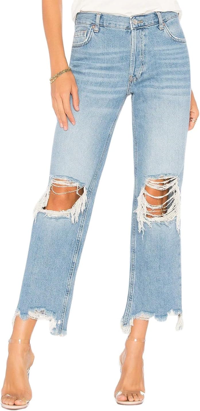 LifeShe Women’s Ripped Jeans Casual Mid Rise Straight Leg Denim Pants Raw Hem Cropped Jeans