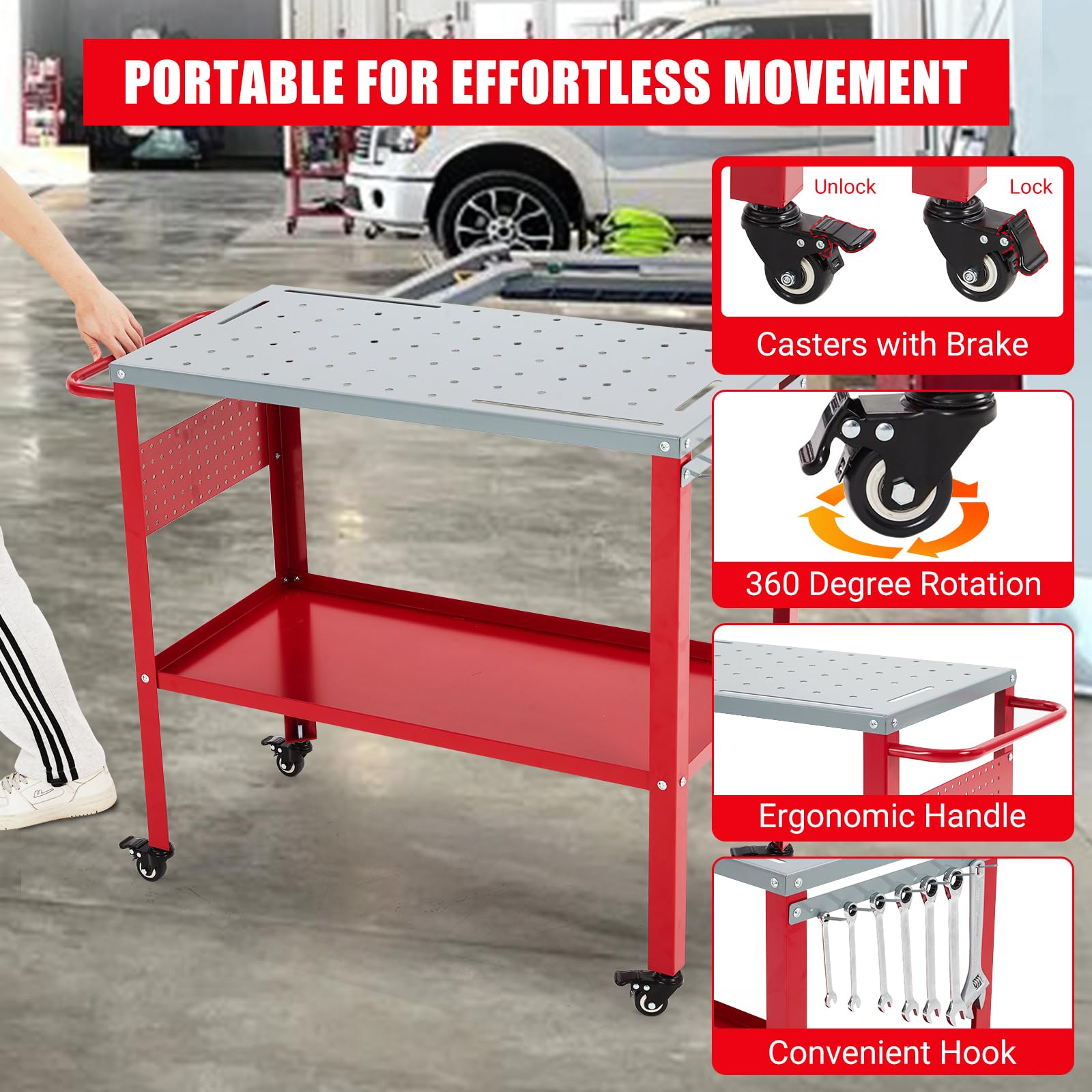 Garvee Mesa de soldadura de 91 x 46 cm, banco de trabajo portátil de acero de 36 x 18 pulgadas, capacidad de 544 kg, banco de trabajo de metal con 4 ruedas bloqueables, bandeja de herramientas, 8