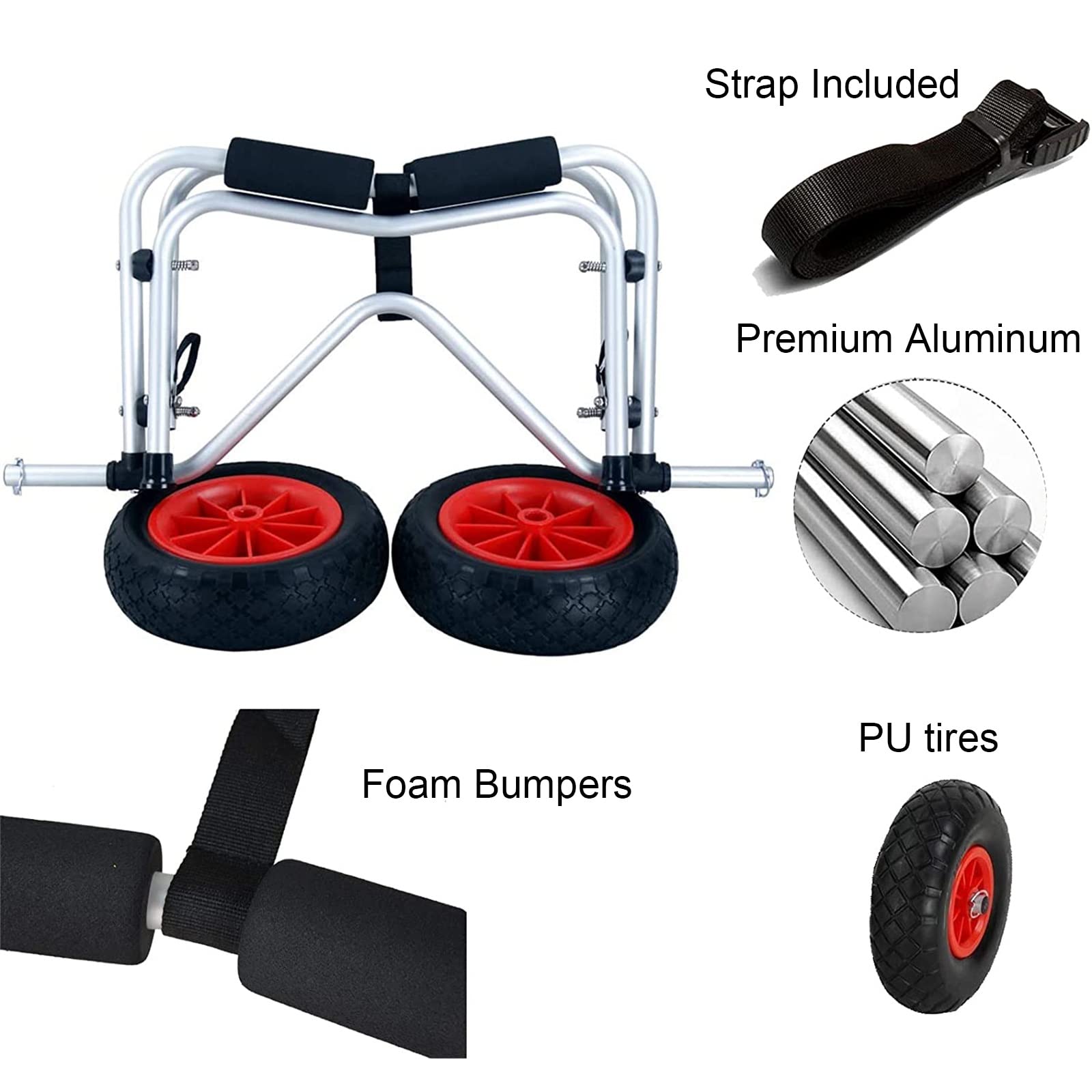 Carrello portatile per canoa, carrello pieghevole per kayak, capacità di carico 50 kg, ruote airless per tutti i terreni da 9,8 pollici, carrello portante a due ruote per accessori per barche canoa