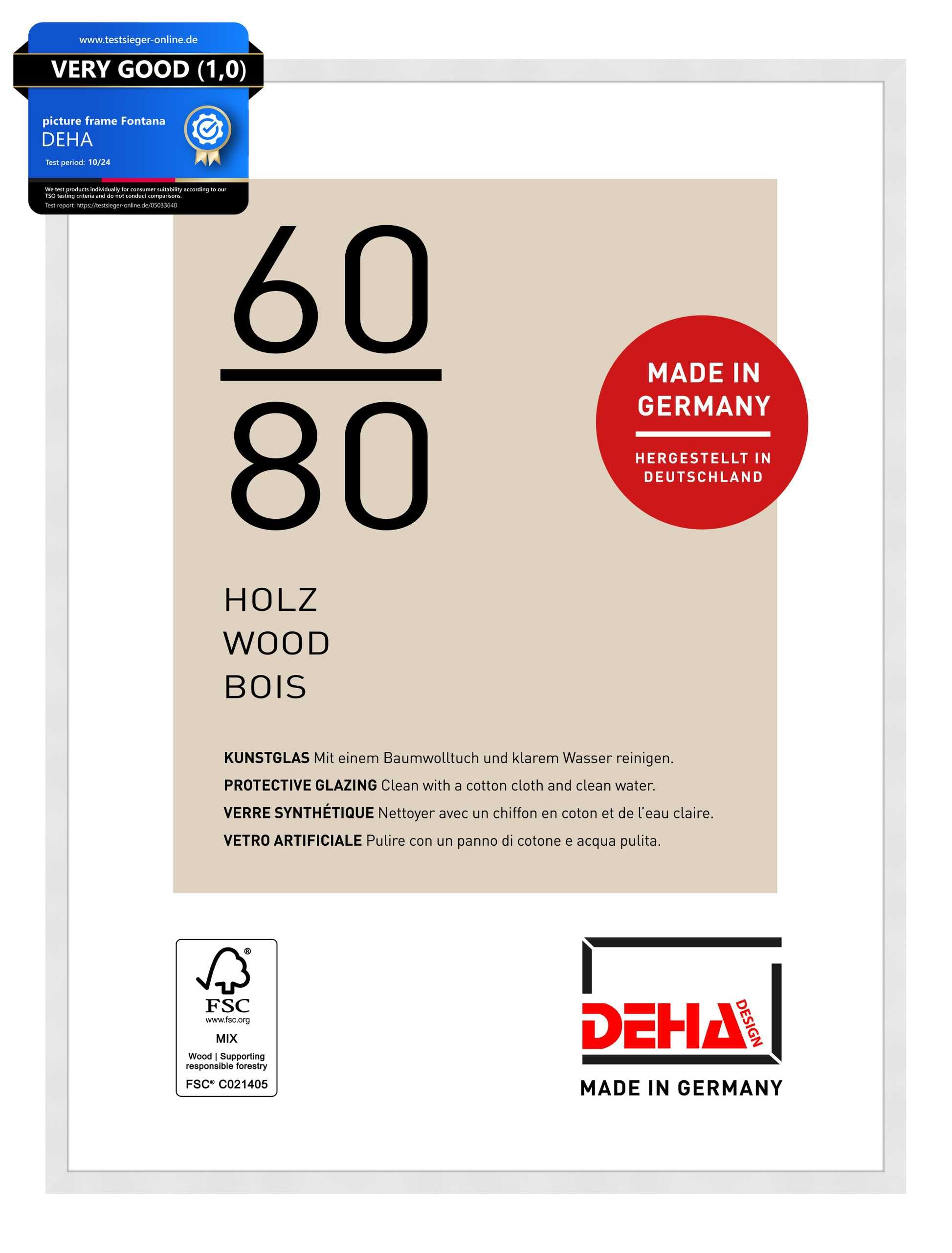 Deha Design White Fontana Wooden Picture Frame - 60X80 Cm – - With Synthetic Glass And Push/Turn Clips