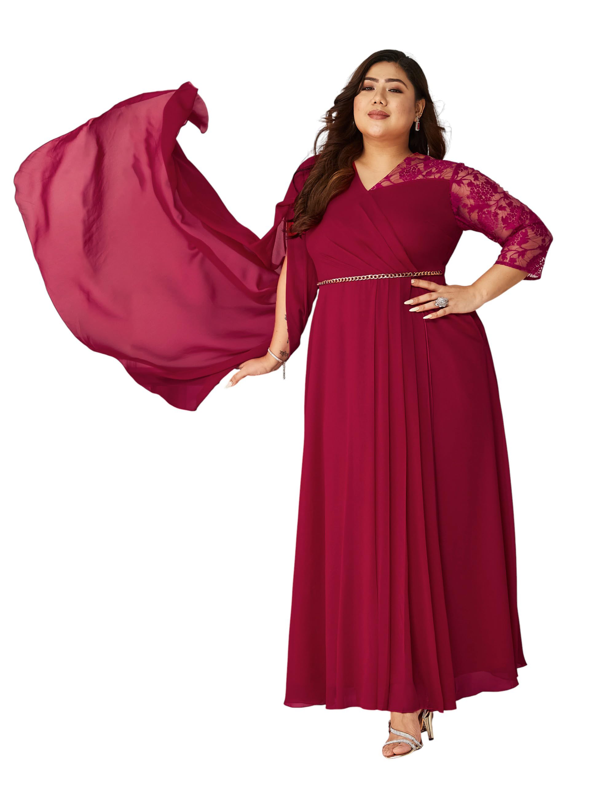 Women's V-Neck Three-Quarter Sleeve Self-Designed Asymmetric Georgette Maxi Dress-image-20