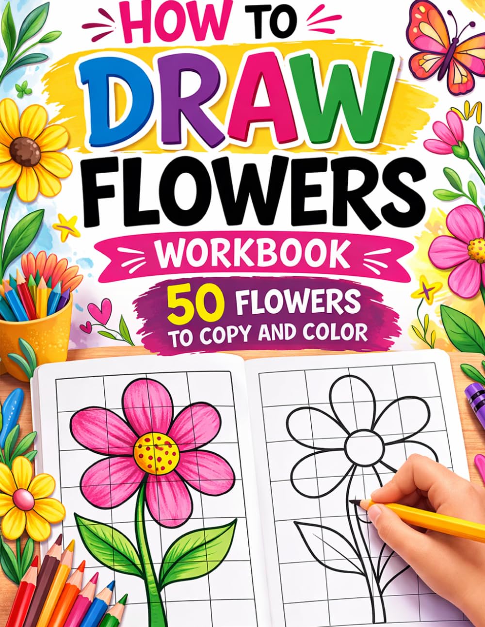How to Draw Flowers Workbook for Kids: 50 Flowers to Copy and Color Using the Easy Grid Method | Beginner Drawing Activity Book for Girls Ages 4–8