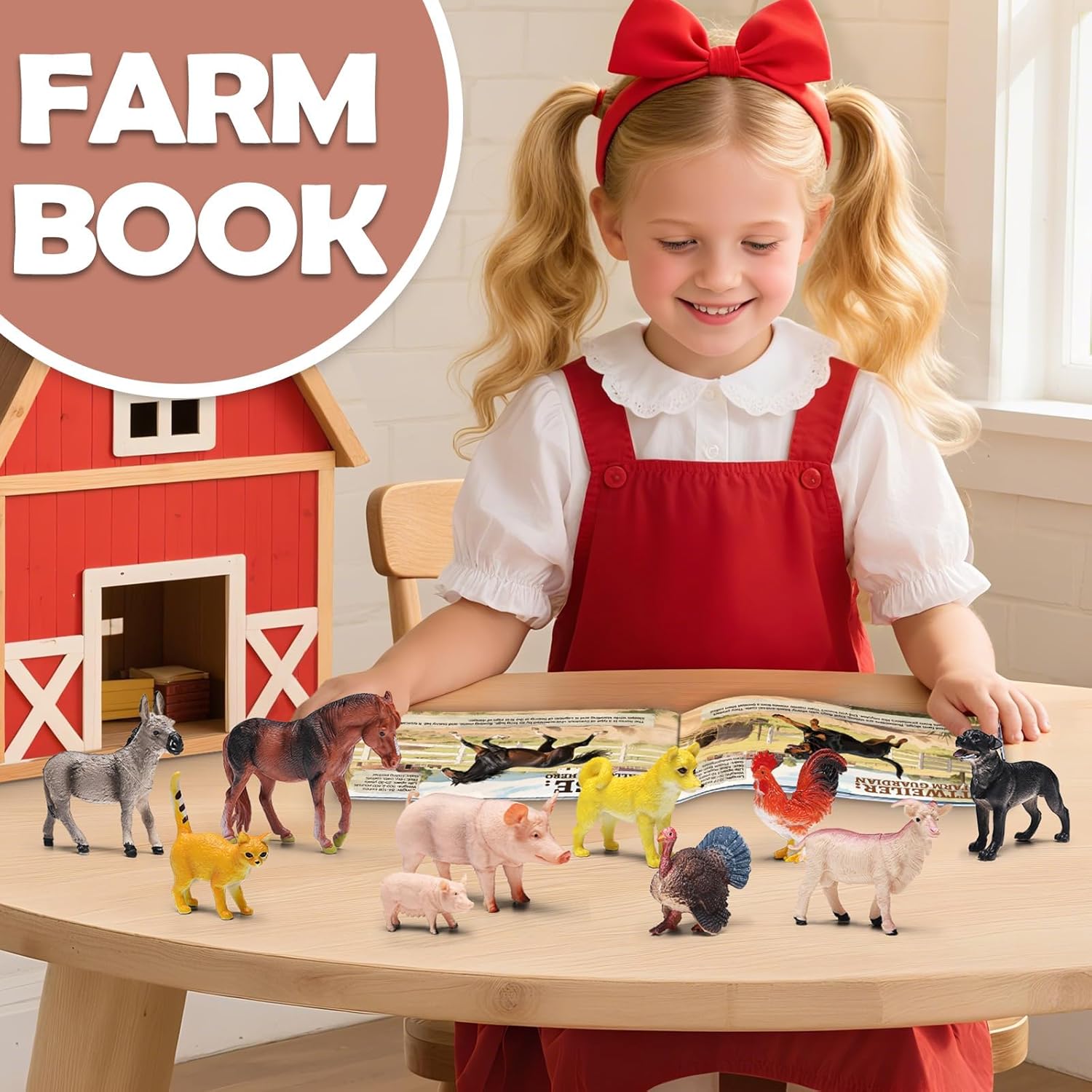 KarberDark 15 Pcs Farm Animal Toy Set with Educational Booklet and Gift Box, Realistic Plastic Farm Animal Figures Set for Kids, Farm Playset Animals Party Favor, Cake Topper, Birthday for Toddler
