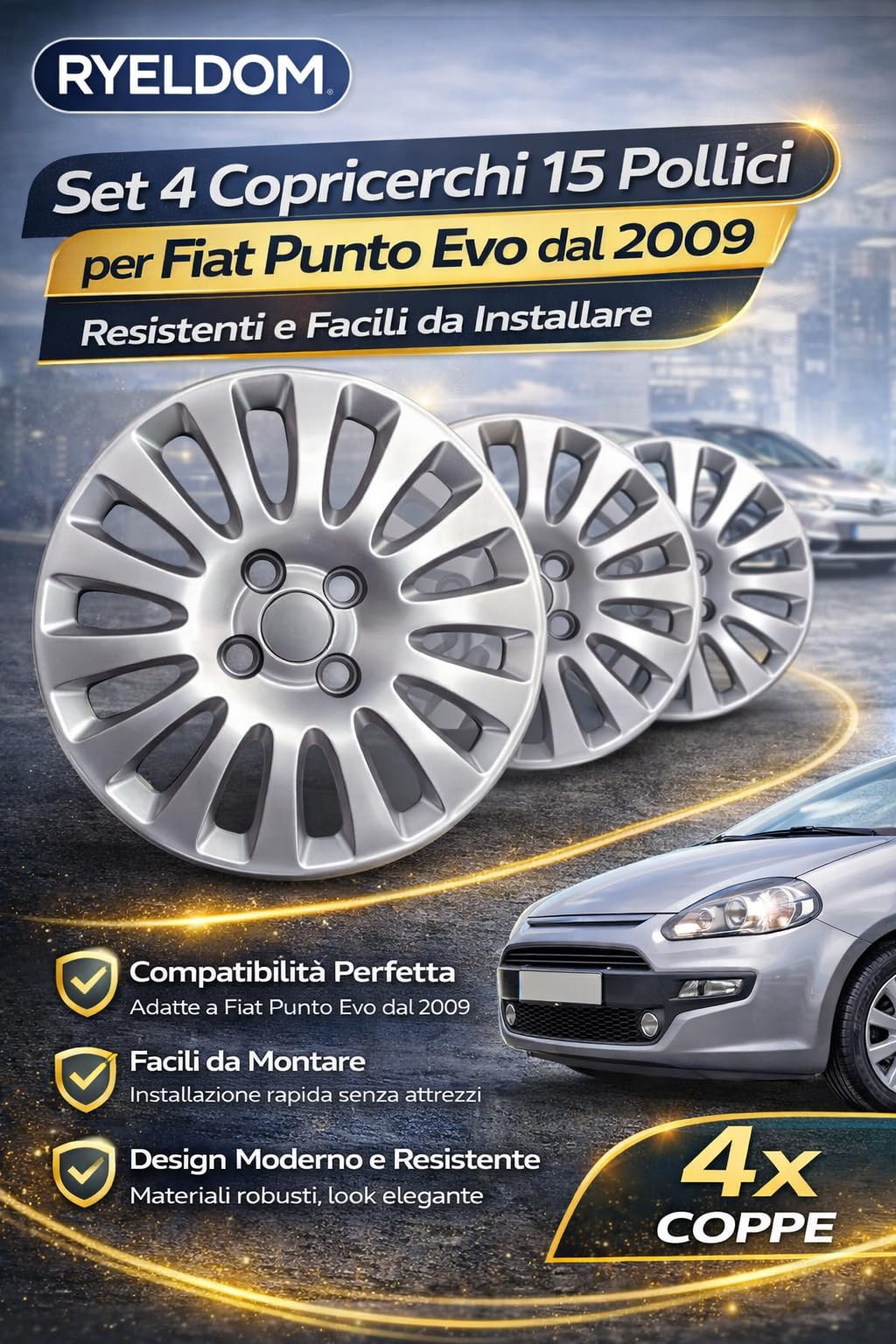 RYELDOM Set 4 Copricerchi 15 Pollici per Fiat Punto Evo dal 2009, Coppe Ruota Resistenti e Facili da Installare