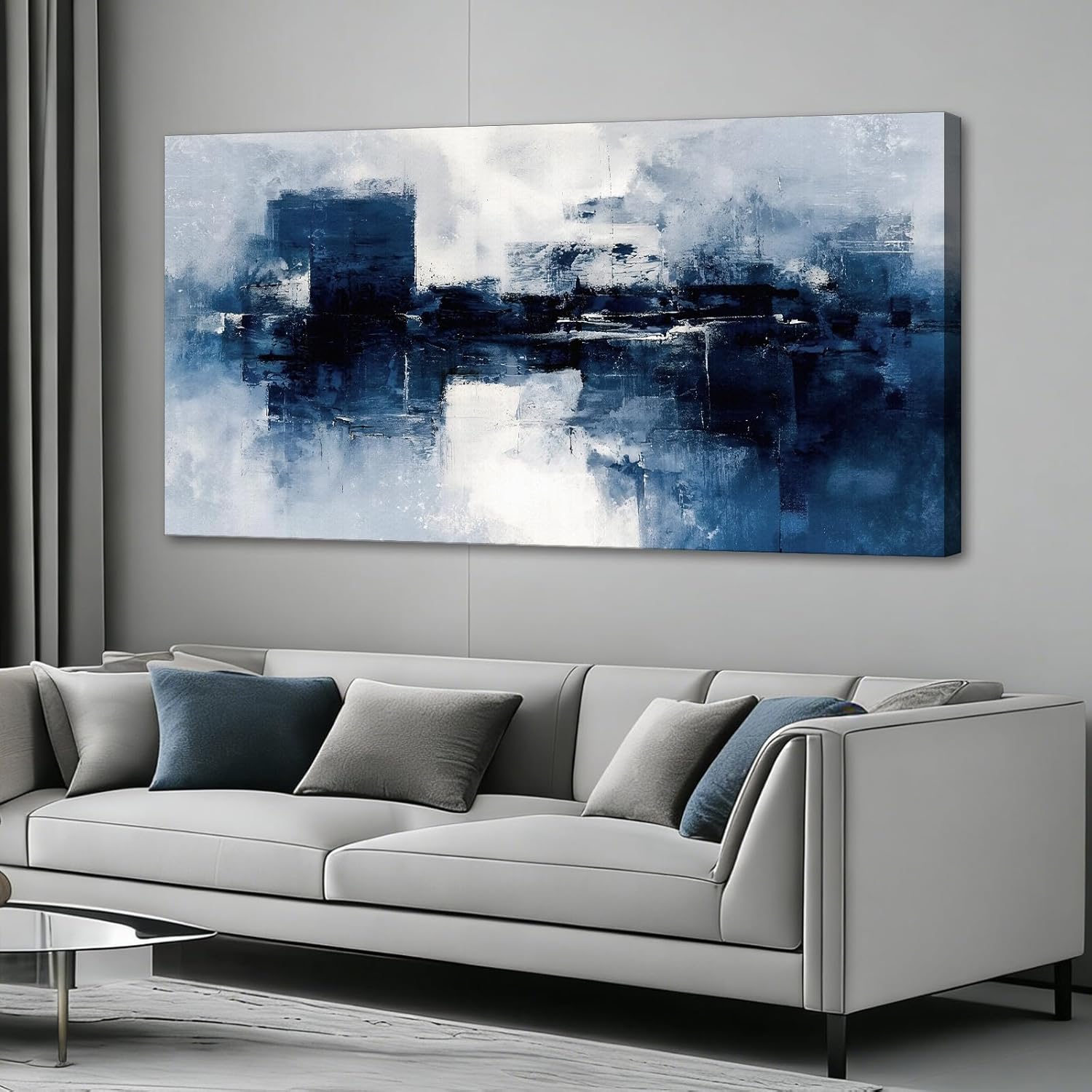 LKY ART Canvas Prints Wall Art Abstract Blue and White Modern Contemporary Landscape Ready to Hang for Bedroom Living room Office Dining Room Wall Decor 20"x40"