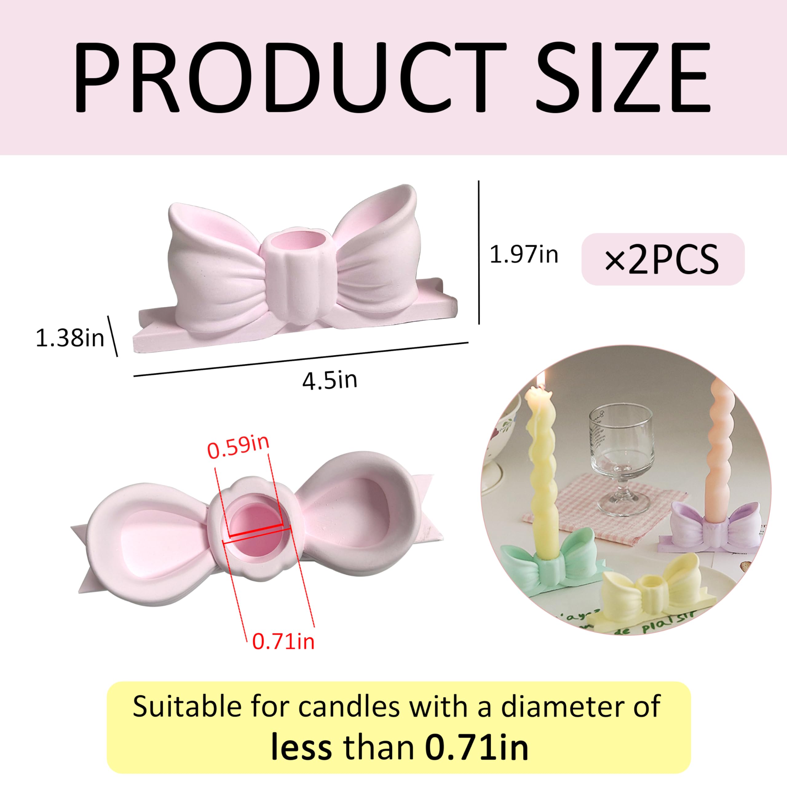 Candle Holder Set of 2, Bow Candlestick Holders Fit 0.59 Inch Candles, Gypsum Candelabra Decorative Candle Stand Centerpiece for Table Wedding Dinning Party (Pink-2PCS)