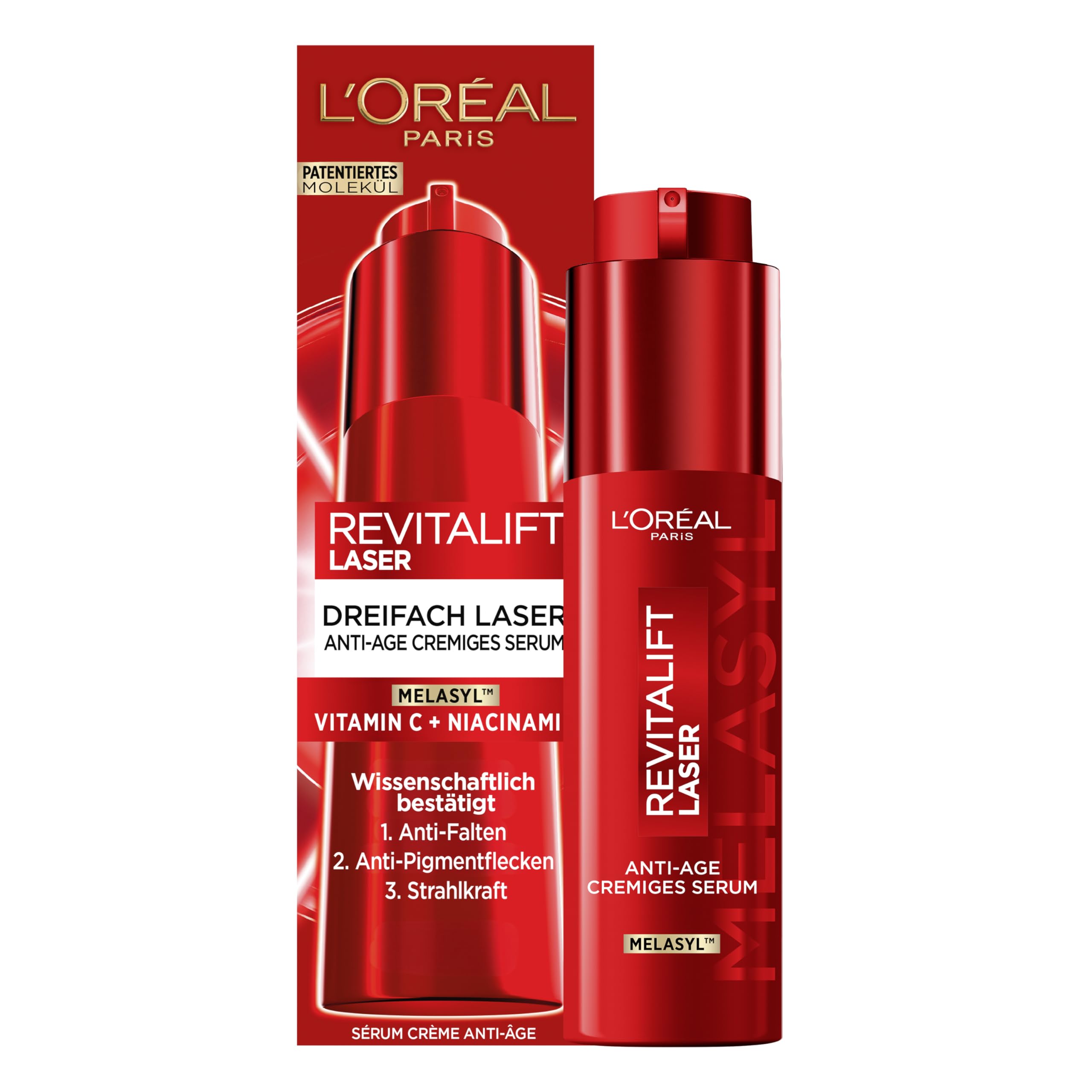 L'Oréal Paris Anti-Age cremiges Serum - Dreifach Laser Pflege für straffere Haut und gegen Falten, Pigmentflecken, mit Melasyl, Vitamin C und Niacinamid, Anti-Aging Serum, Revitalift Laser, 1 x 50ml