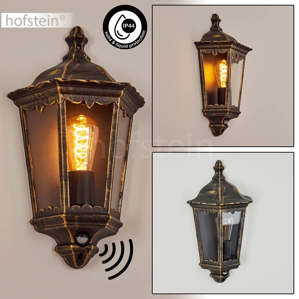 HOFSTEIN Außenwandleuchte Hongkong, Außenwandlampe mit Bewegungsmelder aus Metall/Glas in Braun-Gold/Klar, Wandleuchte Up im Retro/Vintage-Design, E27, IP44, Eingangsbereich, Terrasse, Haustür, Hof