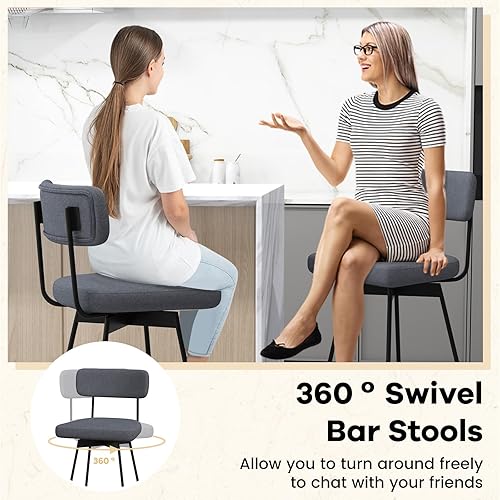 Miniatura 4 de COSTWAY Juego de 4 taburetes de bar, sillas tapizadas de altura de barra de 29 pulgadas con respaldo, sillas de comedor giratorias de 360° con patas