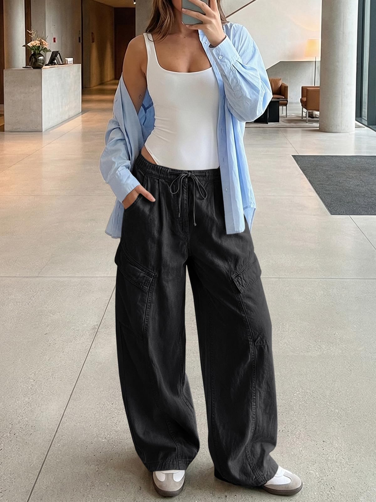 Fisoew Pantaloni da donna Baggy Y2K in vita elasticizzata, pantaloni cargo con coulisse e tasche, casual, larghi pantaloni