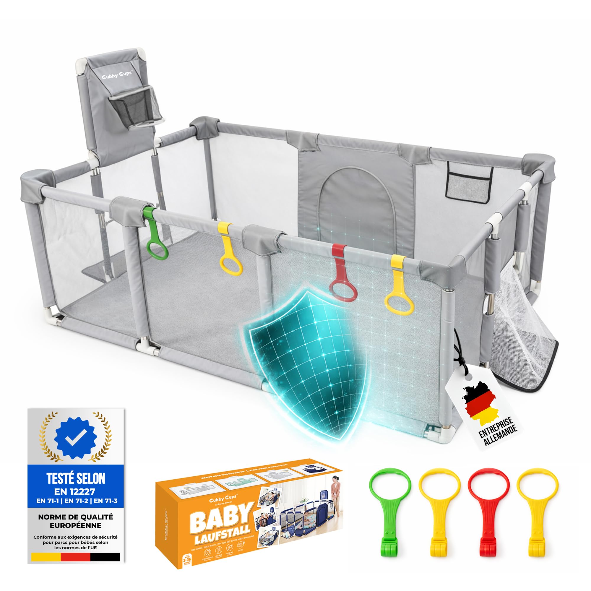 Parc bébé XXL 180x122 cm avec panier de basket et but de football – Aire de jeu sécurisée pour bébé et enfant – Filet respirant, anneaux de motricité et structure stable – Gubby Gups