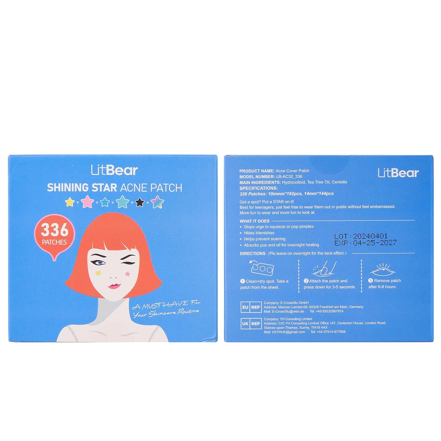 LitBear Star Pimple Patches with Case, 6 Colors 336 Dots Acne Pimple Patch with Tea Tree Oil, Hydrocolloid Acne Pimple Patches for Face Cute Zit Patches Pimple Stickers Acne Dots