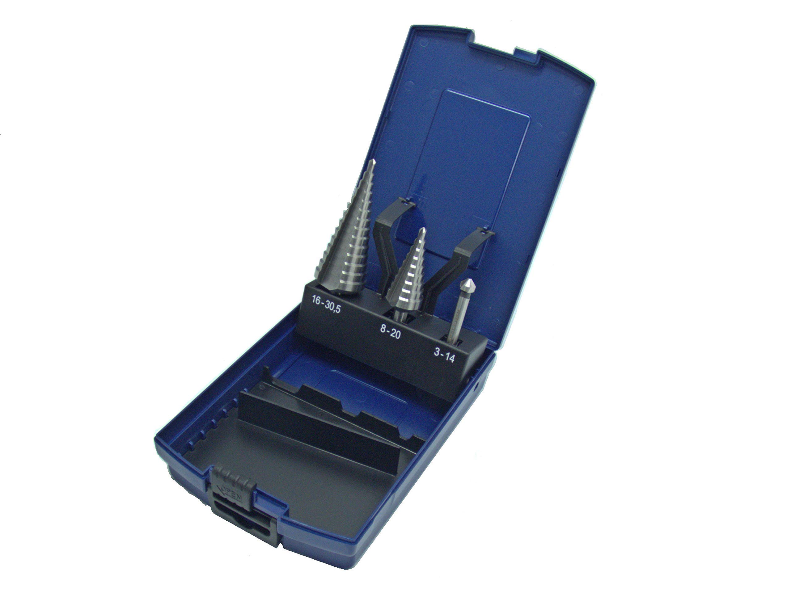 Set di 3 punte a gradini HSS-G, non rivestite, 6-30 mm + 6-20 mm, con svasatore conico da 8,3 mm, in acciaio rosa