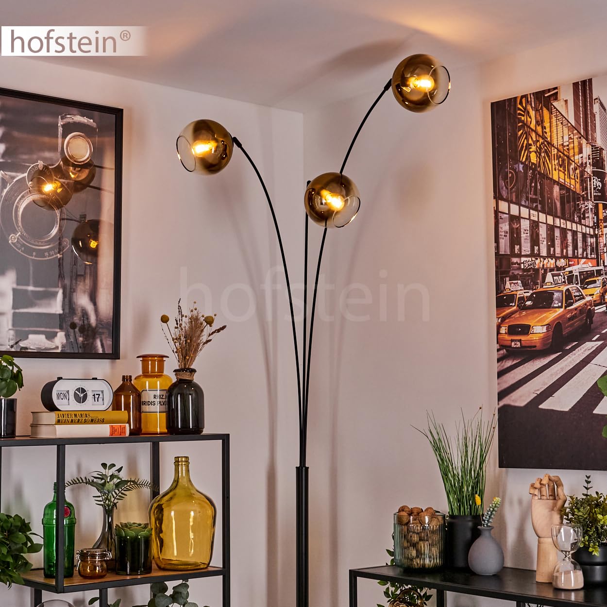 Stehleuchte Koyoto, Stehlampe aus Metall/Glas in Schwarz/Goldfarben/Klar, Leuchte im modernen Retro/Vintage-Design mit Schirmen aus Glas (Ø 15cm) u. Fußschalter, Höhe 210cm, 3 x E14, ohne Leuchtmittel