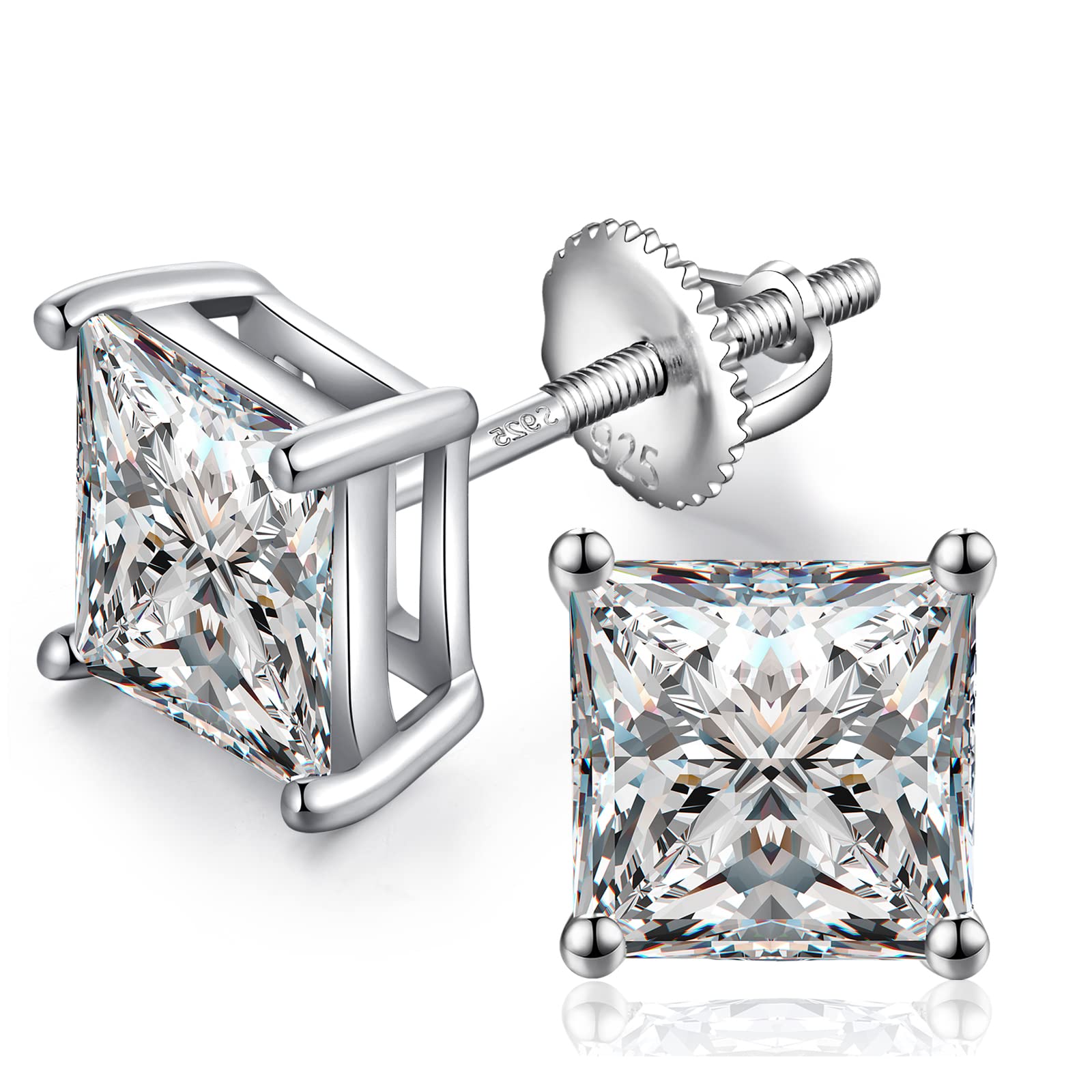 jiamiaoi Pendientes hombre plata de ley, Pendientes Cuadrado Pendientes Diamante Brillante Pendiente negro con perno trasero de tornillo 4mm-8mm