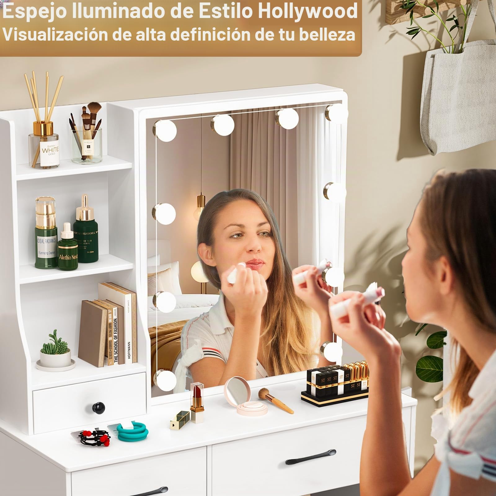 Tocador de Maquillaje con Luces y Espejo, 3 Modos de luz, Tocador con Taburete y 6 Cajones + 6 Estantes, MDF Blanco para Dormitorio, 80x36x130 cm