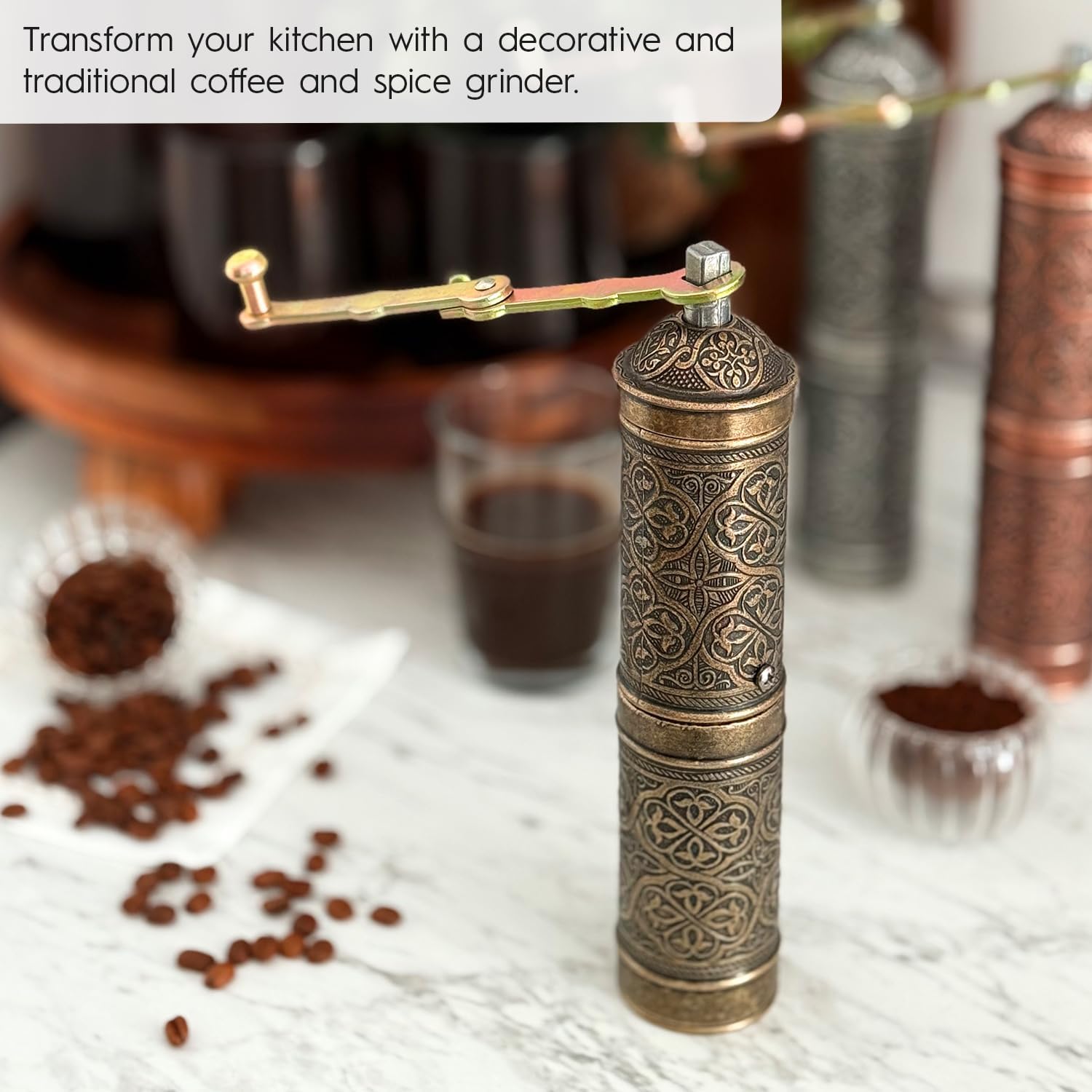 Handmade Turkish Pepper & Coffee Grinder, Refillable Turkish Spice Mill with Adjustable Coarseness, Manual Coffee Mill with Handle, Coffee Grinder Metal with Hand Crank 22 cm-8.66 inch (Antique)