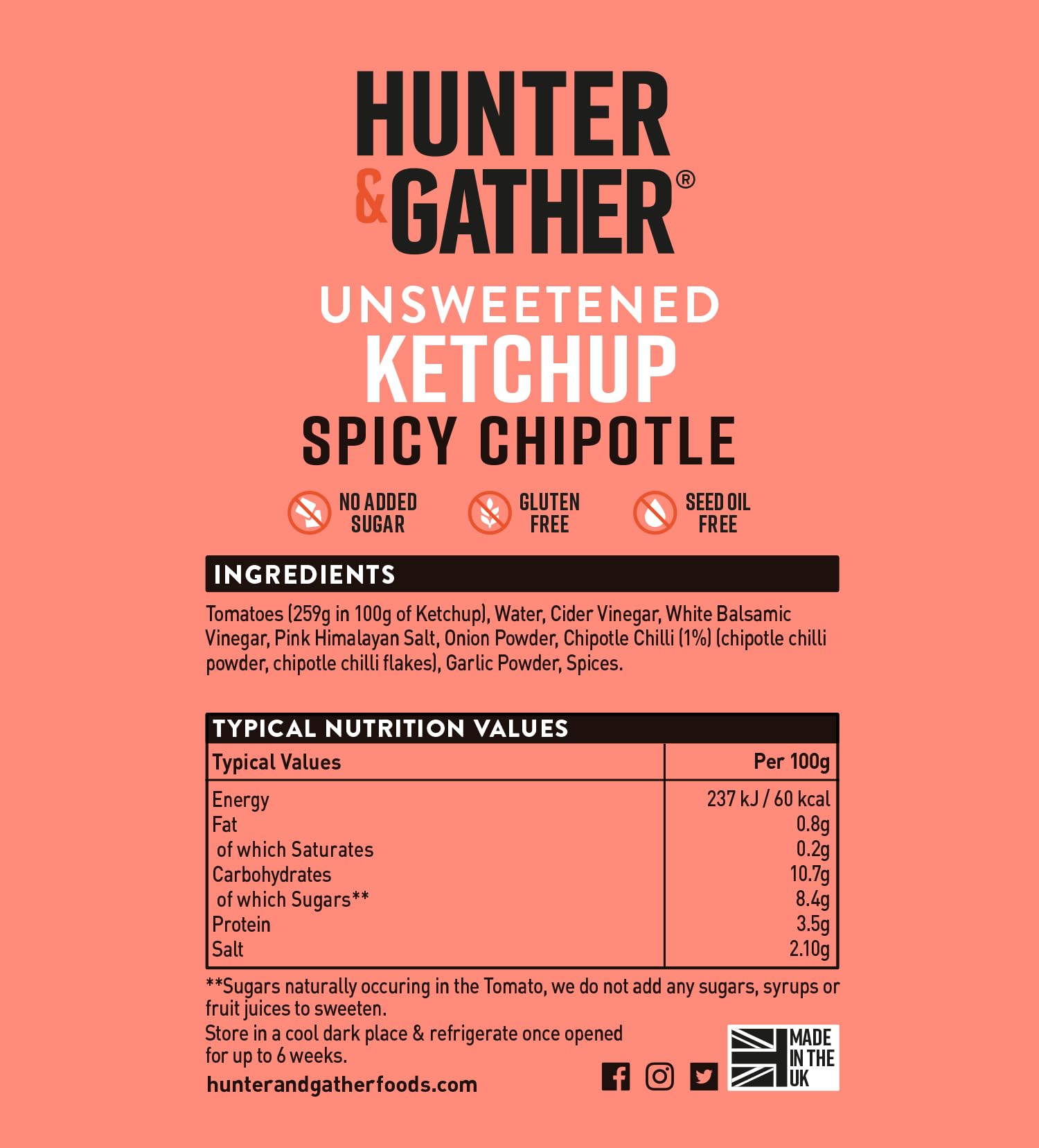 Hunter & Gather Salsa de ketchup picante sin azúcar, 2 x 350 g de ketchup de chipotle picante, paleo, baja en carbohidratos y vegana, sin azúcar añadido y edulcorantes