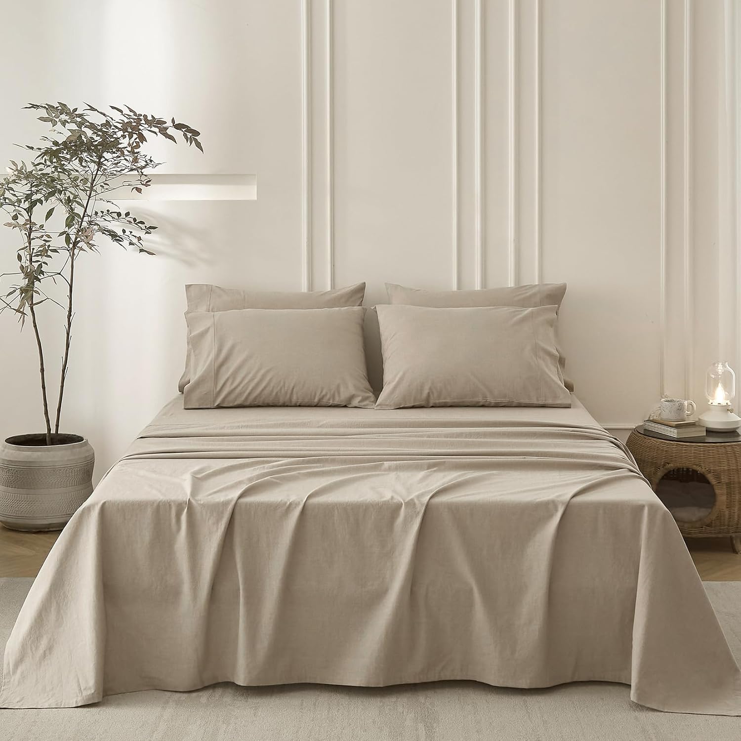 6PS Linen Grey Queen Size Bedding Sets Linen Like Cotton Bed Set Oeko-TEX Standard 100% Washed Cotton Deep Pocket Queen Size Fitted Sheet Plus Cozy Flat Sheet and 4 Pillowcases