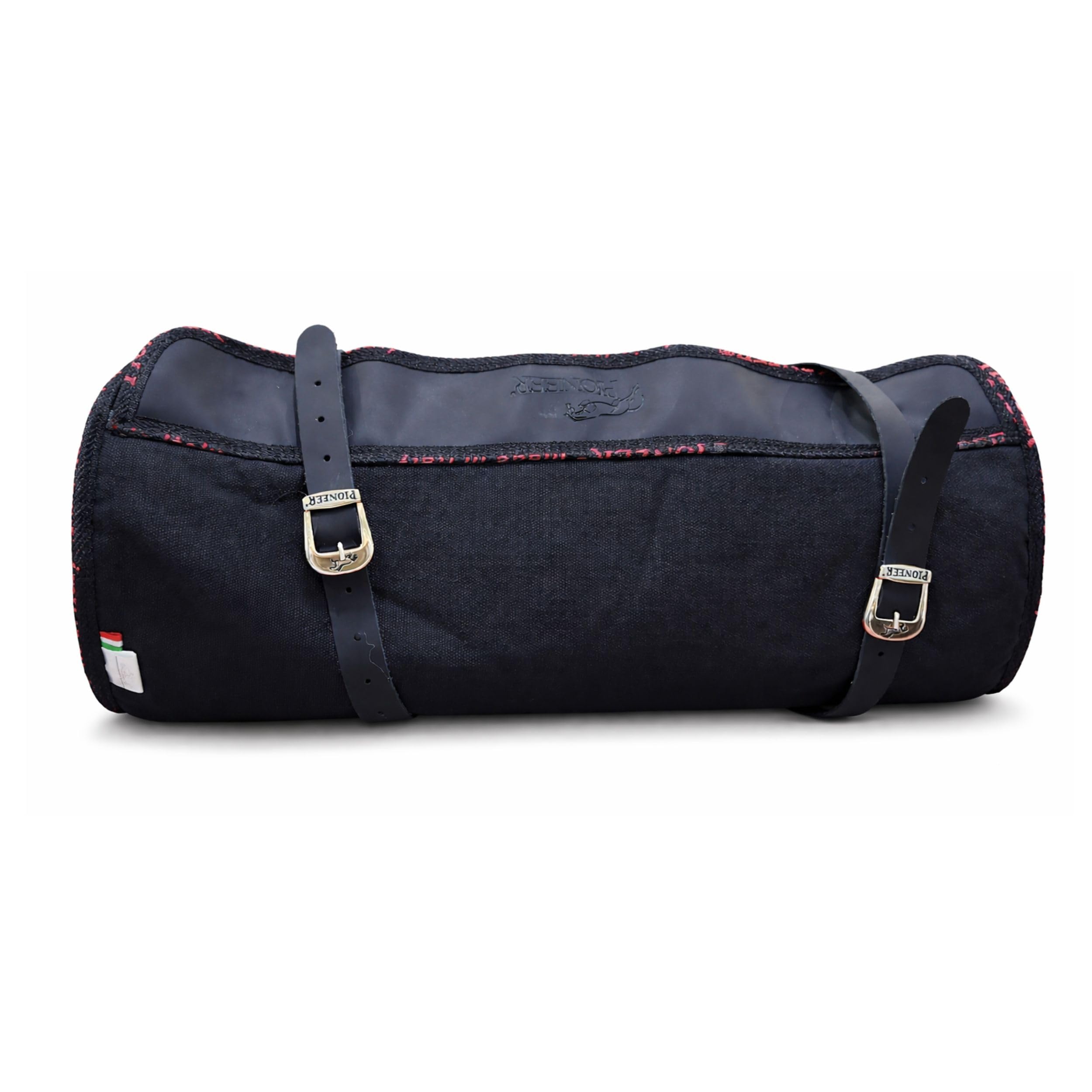 PIONEER Bolsas de Silla de Montar para Caballos en Cuero y Tela – Ideales para Equitación, Trekking y Paseos a Caballo – Diseño Trasero en Forma de Banana – Resistentes y Cómodas - Negro