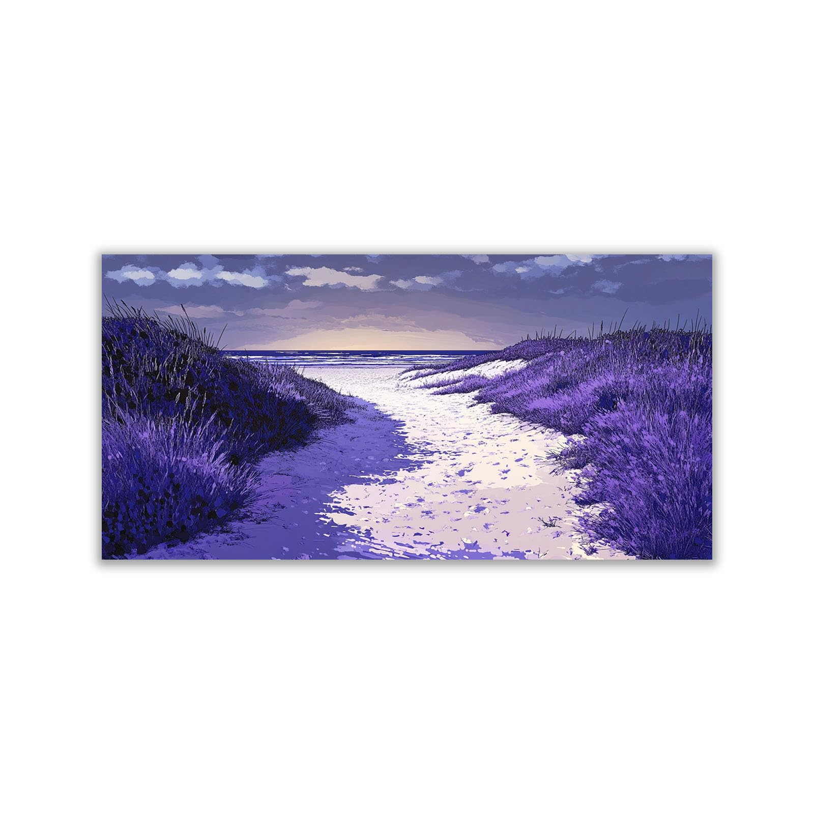 WIKEO Beach Pictures on Canvas Wall Art Abstract Beach Scenery Modern Prints Seaview Landscape Artwork - for Living Room Bedroom Home Office Wall Decoration(Purple 4)-70x140cm Unframed