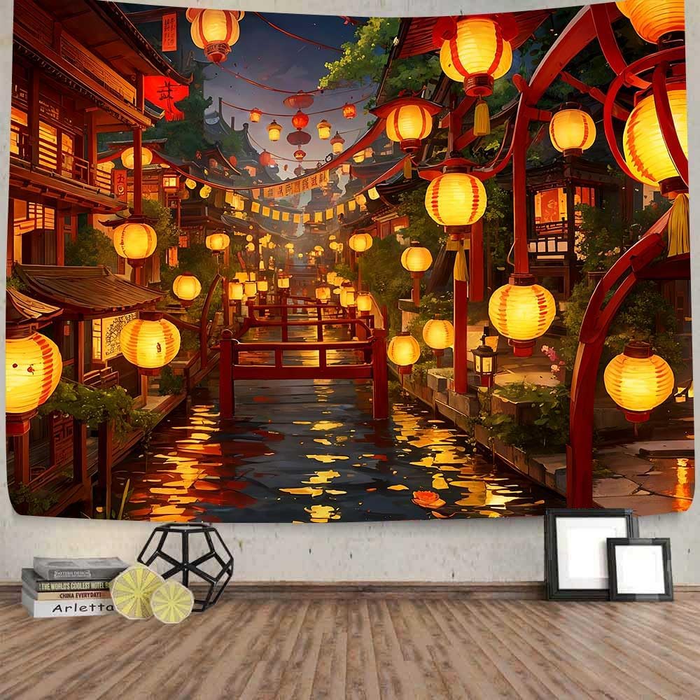 Ine Ive Japanese Tapestry Wall Hanging 100x90 Inches Japan Streets filled with lanterns tapestry for Bedroom Living Room Dorm Decor