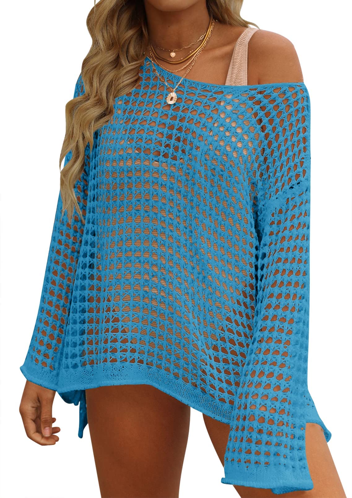 Rayson Vestido de Playa Mujer Bikini Cover Up Fuera del Hombro Elegante Crochet Mangas Largas Sueltas Playa Hueco Traje de Baño