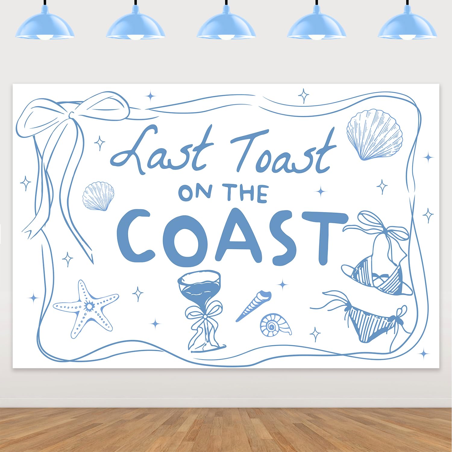 Last Toast on The Coast Backdrop Blue Bow Shell Champagne Photography Background Cloth Coastal Bachelorette Party Decorations for Women Bridal Shower