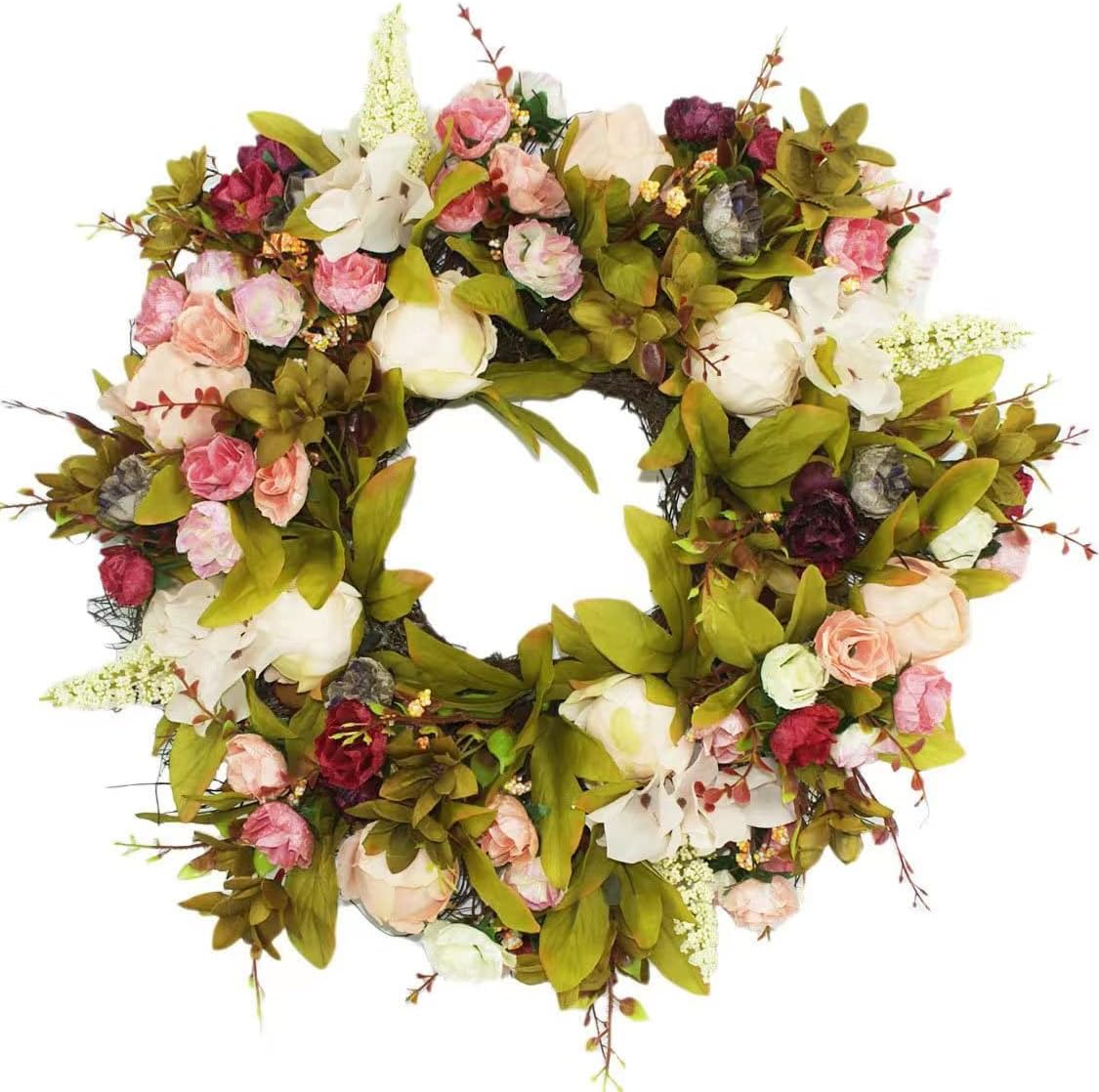 Silk Flower Wreath, Artificial Farmhouse Peonie, Vintage Blooming Wreath for Front Outside Door Wedding Wall Home Decor (Bud Flowers)