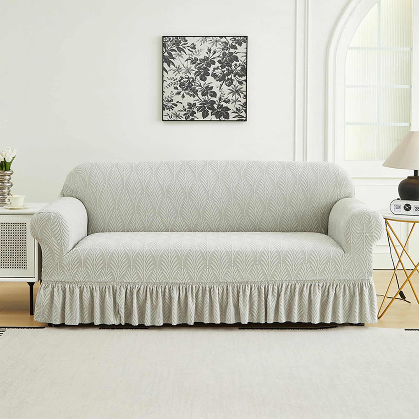 MSAVRWJCE Stretch Sofa Couch Slipcover with Skirt, Non-Slip Jacquard Universal Soft Sofa Cover with Elastic Bottom, Pet Proof Washable Breathable
