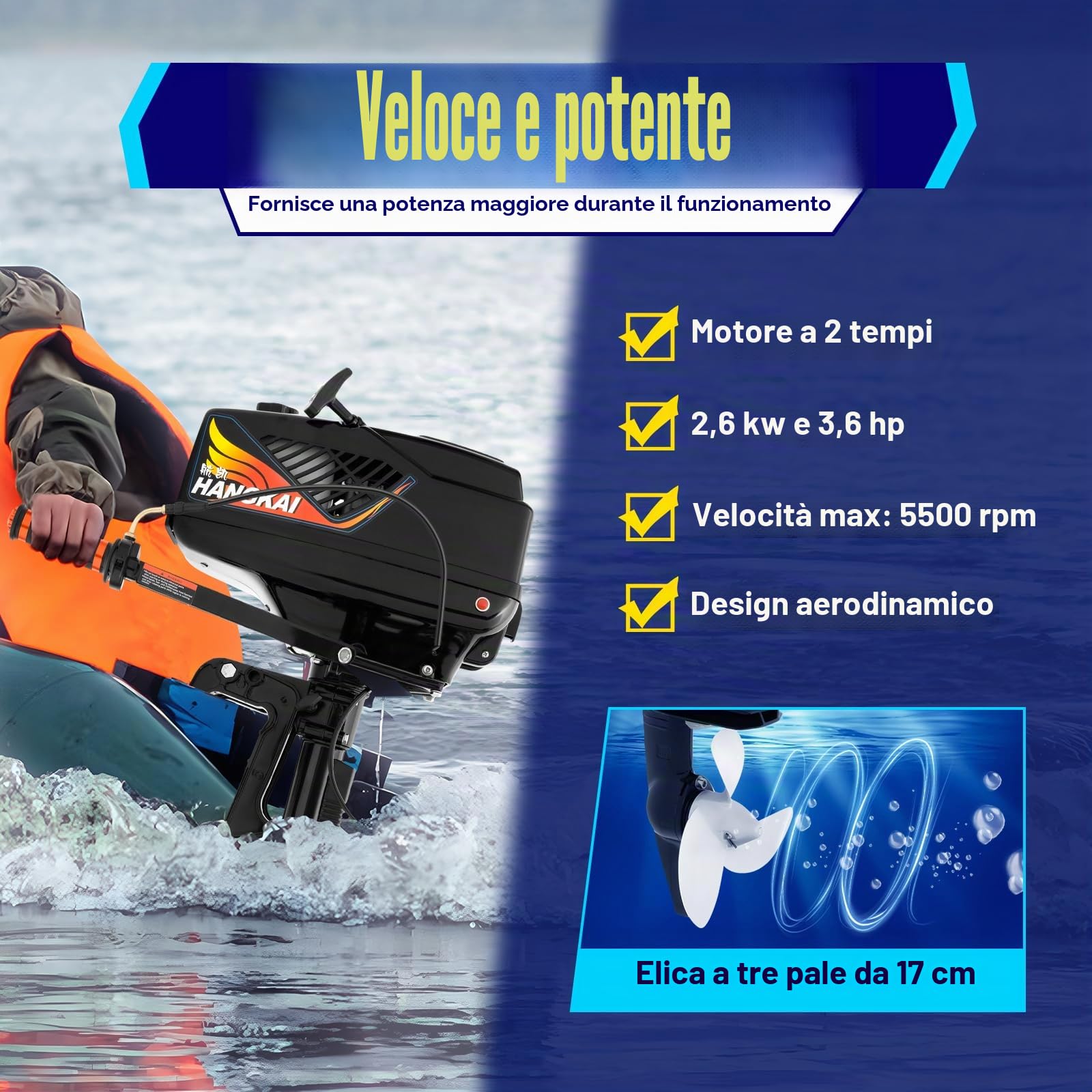 Motore Fuoribordo a Benzina 2 Tempi da 3,6 CV | Raffreddato ad acqua | Sistema di accensione CDI | Leggero e durevole | Per barche da pesca e motoscafi
