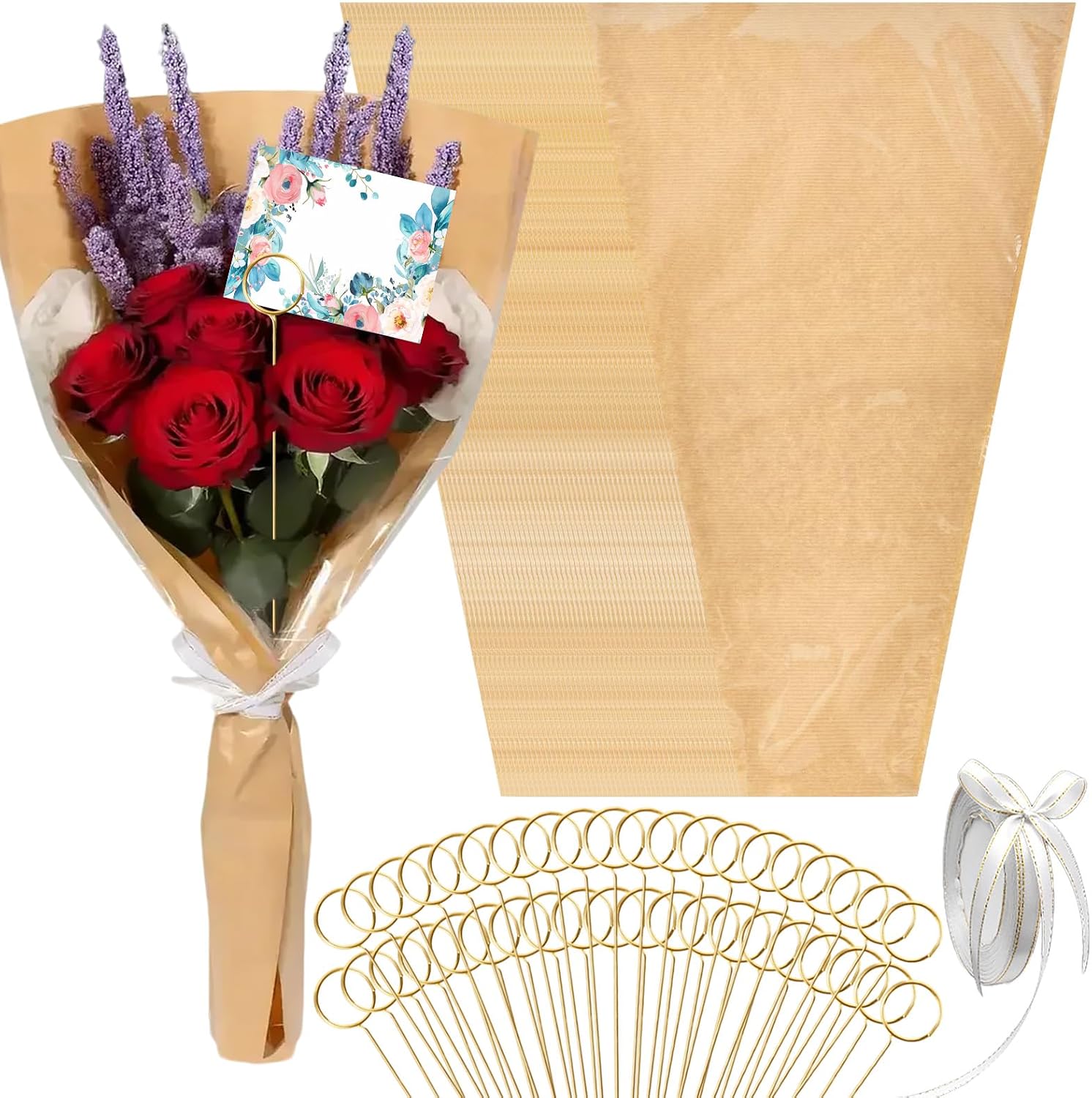 50 Pack Flower Bags for Bouquets,Flower Wrapping Bags Kraft Paper Flower Sleeves for Bouquets Flower Bags,with 50Pcs Floral Card Holder Picks and Ribbons,for Mother's Day,Florist Supplies,22x14 Inches