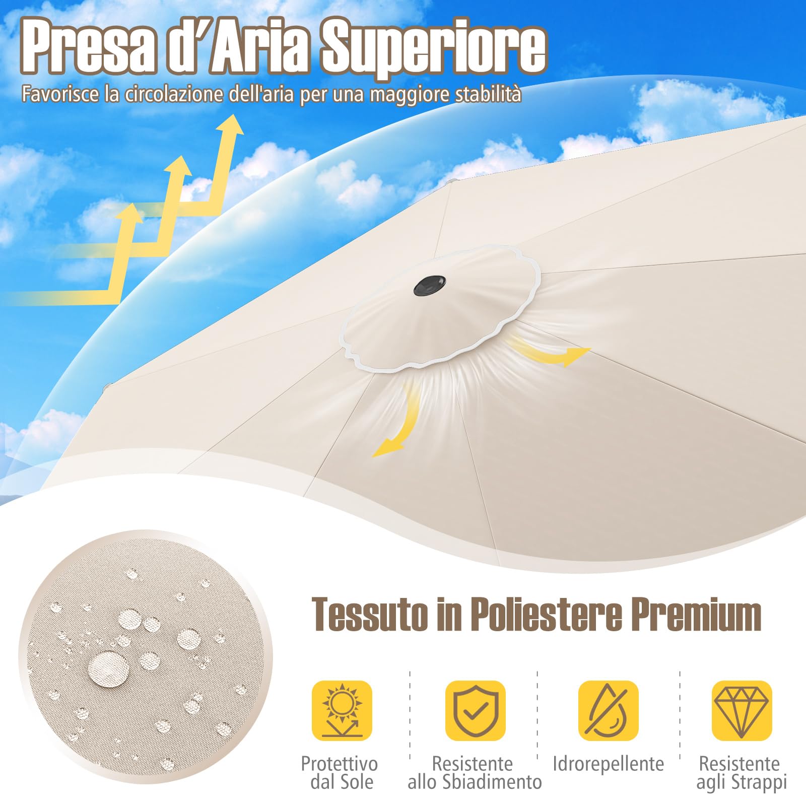 COSTWAY Ombrellone da Giardino 300 cm, con Inclinazione Regolabile, Anti-UV, Manovella, 8 Stecche, Top Ventilato, per Giardino Piscina Patio (Beige)