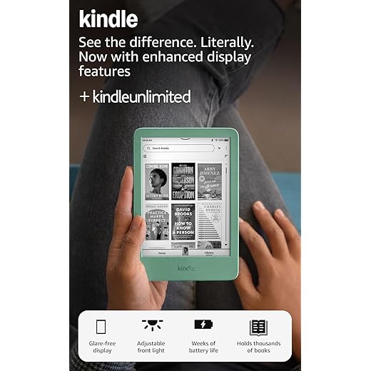 Amazon Kindle 16 GB (newest model) - Lightest and most compact Kindle, now with faster page turns, and higher contrast ratio, for an enhanced reading experience - Matcha + 3 Months of Kindle Unlimited (with auto-renewal)