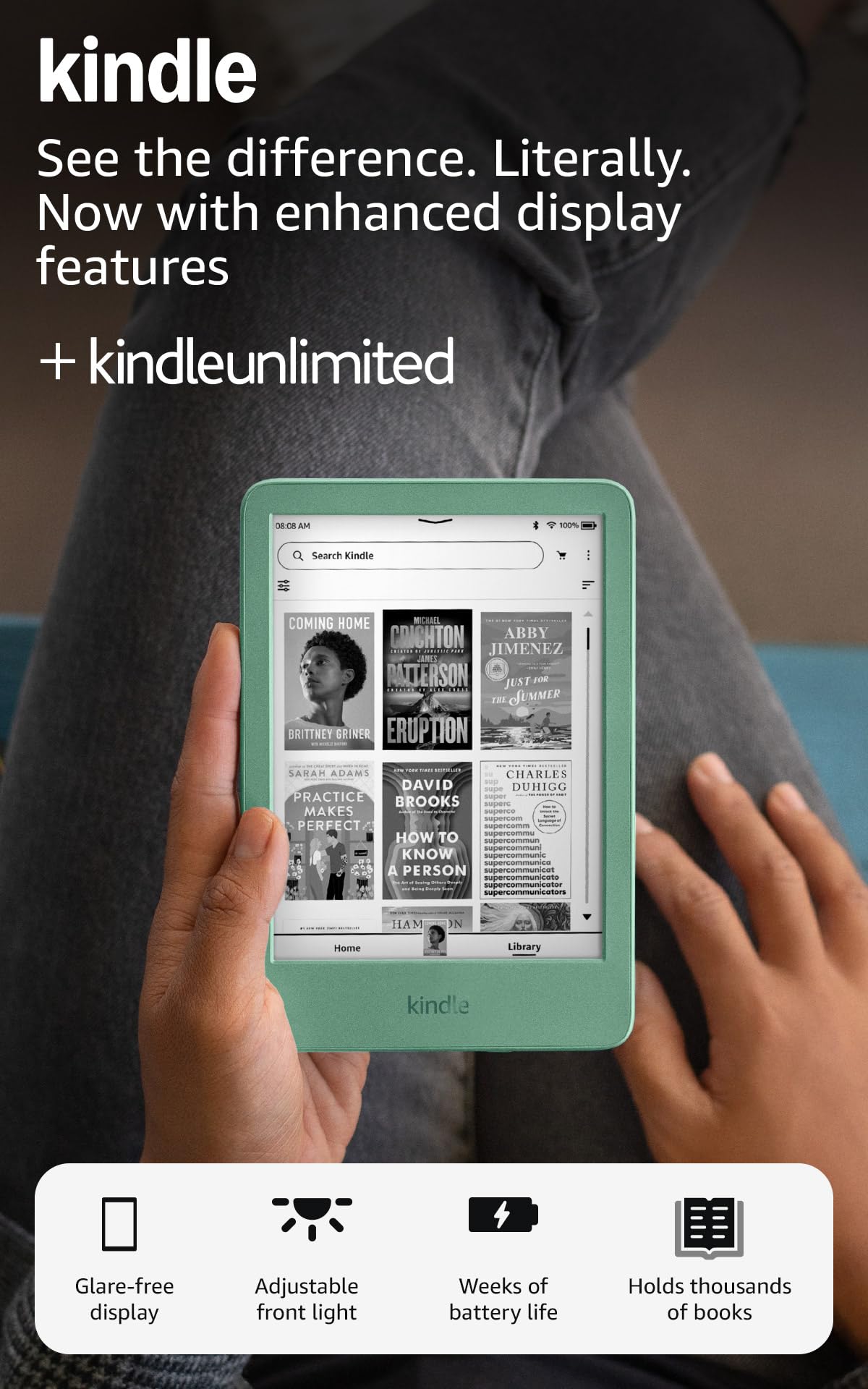Amazon Kindle 16 GB (newest model) - Lightest and most compact Kindle, now with faster page turns, and higher contrast ratio, for an enhanced reading experience - Matcha + 3 Months of Kindle Unlimited (with auto-renewal)