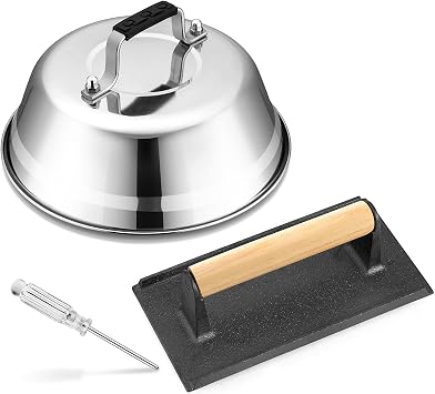 HaSteeL Melting Dome & Burger Press for Griddle, Stainless Steel 9In Basting Cover & Heavy Duty 8 x 4In Wooden Grill Press, Griddle Accessories Set Perfect for Flat Top Teppanyaki Cast Iron Outdoor
