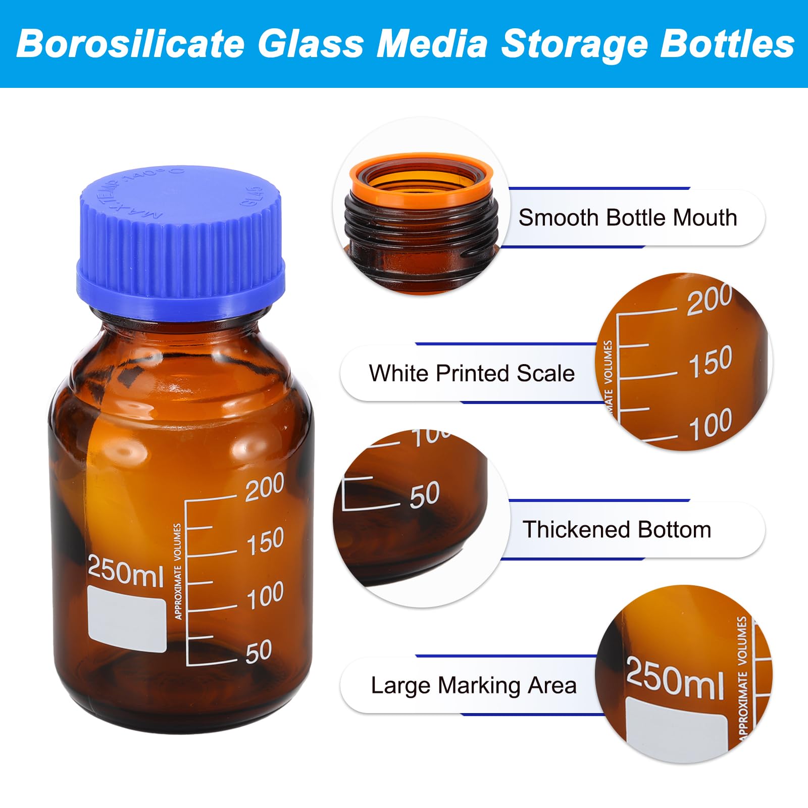PATIKIL Bottiglie di Conservazione Media rotondo, 250ml Bottiglie rotondo in Vetro Spesso Graduato con Tappo a Vite Blu GL45 per Liquidi di Reagenti d'Acqua da Laboratorio, Marrone