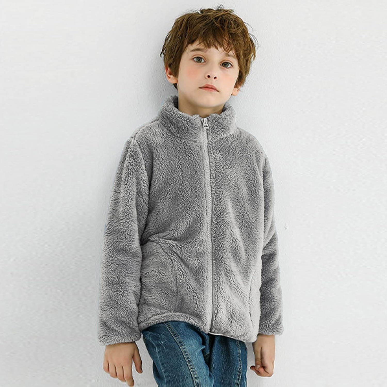 Youth Solid Full-Zip Polar Fleece Jacket for Kids Boy Girl Fuzzy Sherpa Coat Sweatshirt Fall Winter Warm Outwear