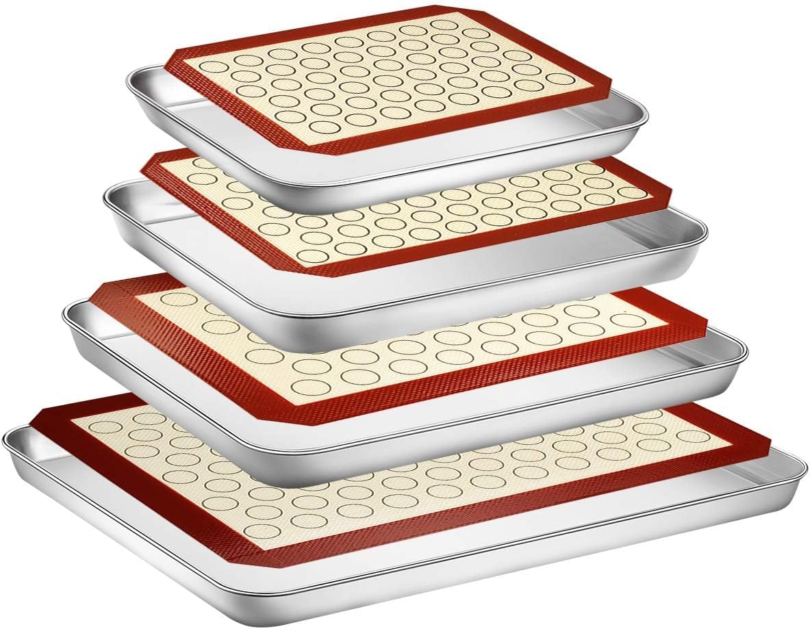 - Yododo Baking Sheet with Silicone Mat Set, Set of 8 (4 Sheets + 4 Mats), Stainless Steel Cookie Sheet Baking Pans with Reusable Silicone Baking Mat, Non Toxic & Heavy Duty & Easy Clean