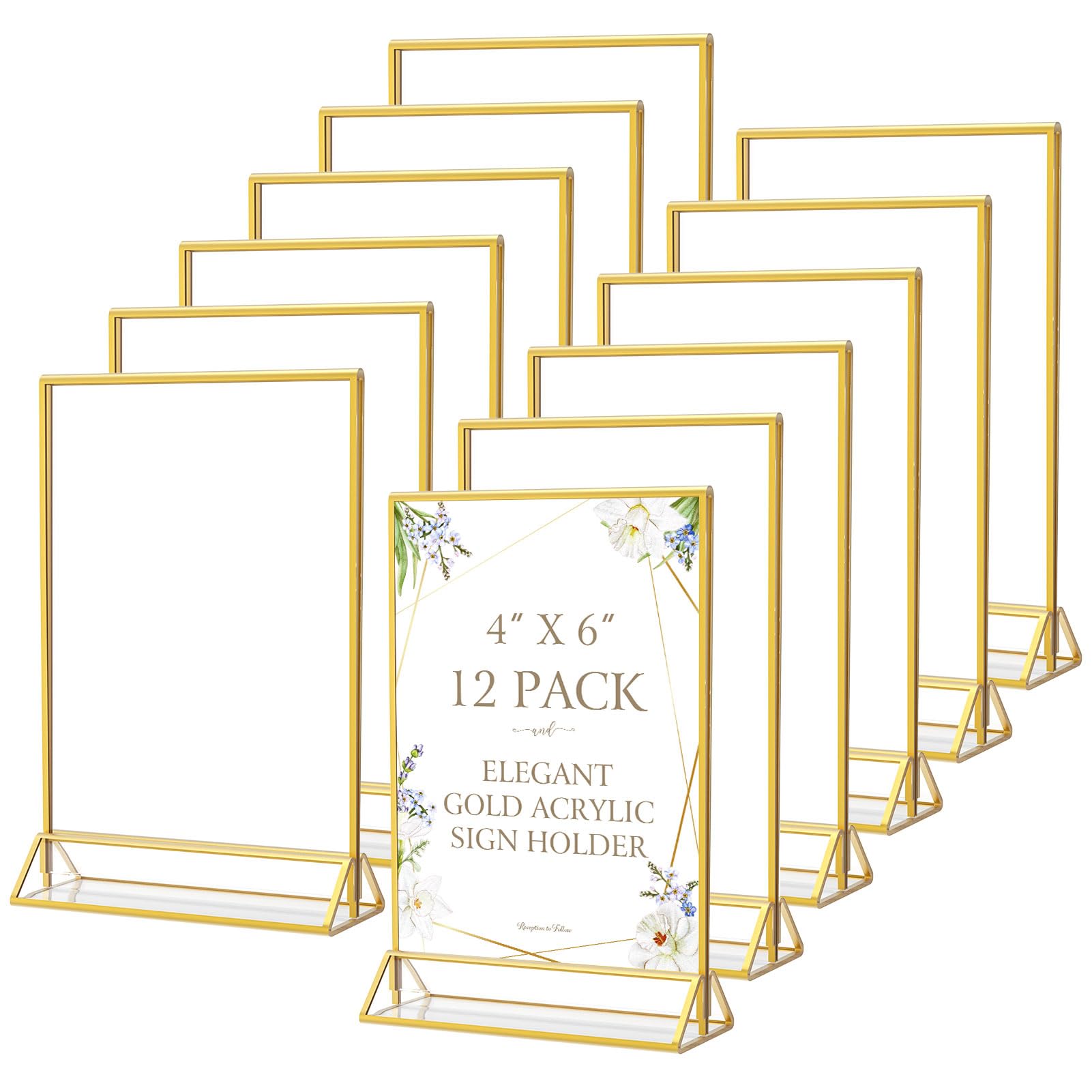 MaxGear 4x6 Gold Acrylic Sign Holder 12 Pack, Wedding Gold Table Number Holders, Double Sided Picture Frame Paper Stand Photo Display, Clear Menu