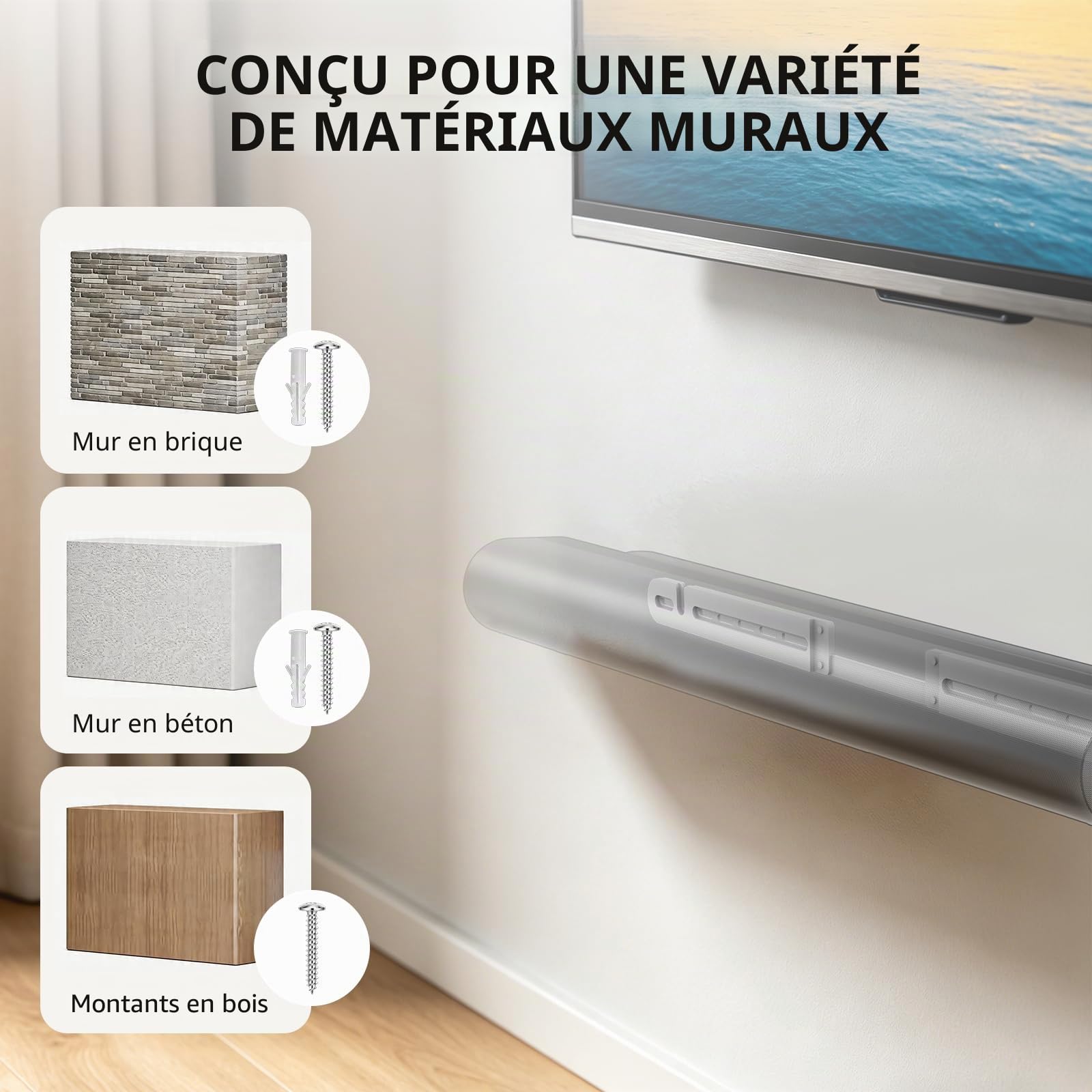 WALI Support mural pour barre de son, conçu pour Sonos Arc, support de barre de son à profil bas sous TV avec kit de matériel, facile à installer (SON003-W), blanc