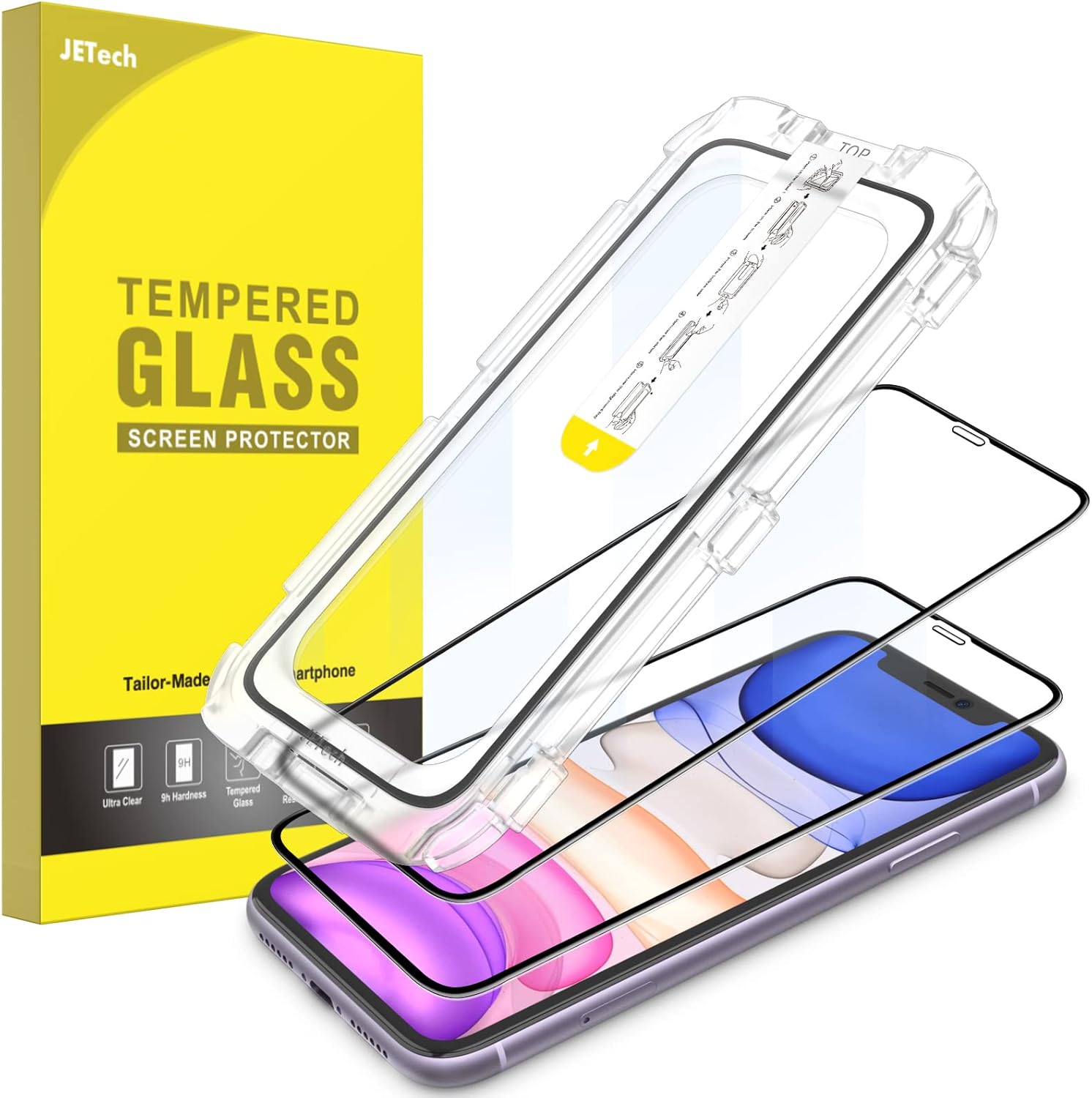 JETech One Touch Install Screen Protector for iPhone 11/XR 6.1-Inch, Full Coverage Tempered Glass Film, Auto Alignment Tool Kit, HD Clear, 2-Pack