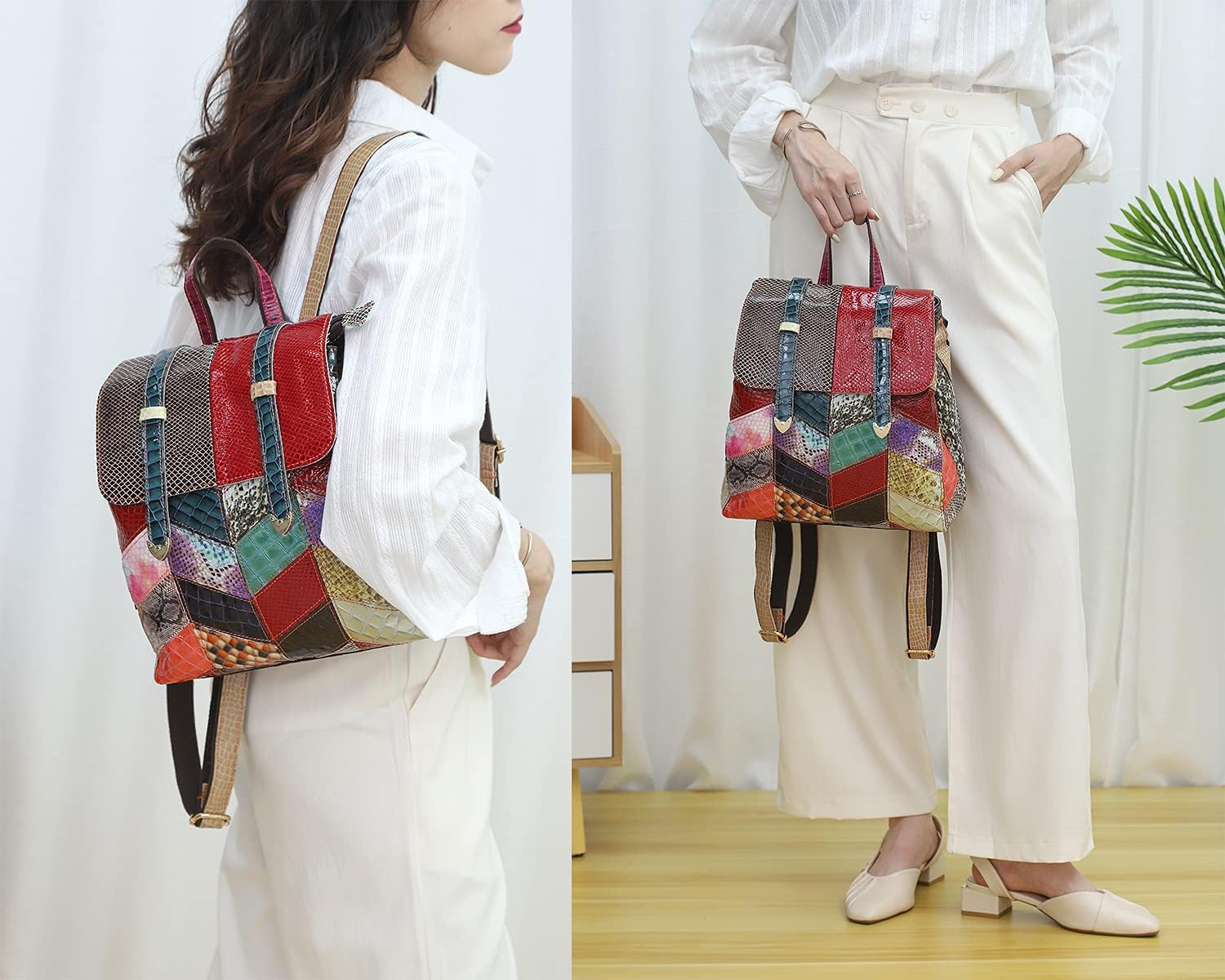 Women Random Multicoloured Backpack Genuine Leather Shoulder Handbag Colorful Patchwork Purses Campus Travel Daypack