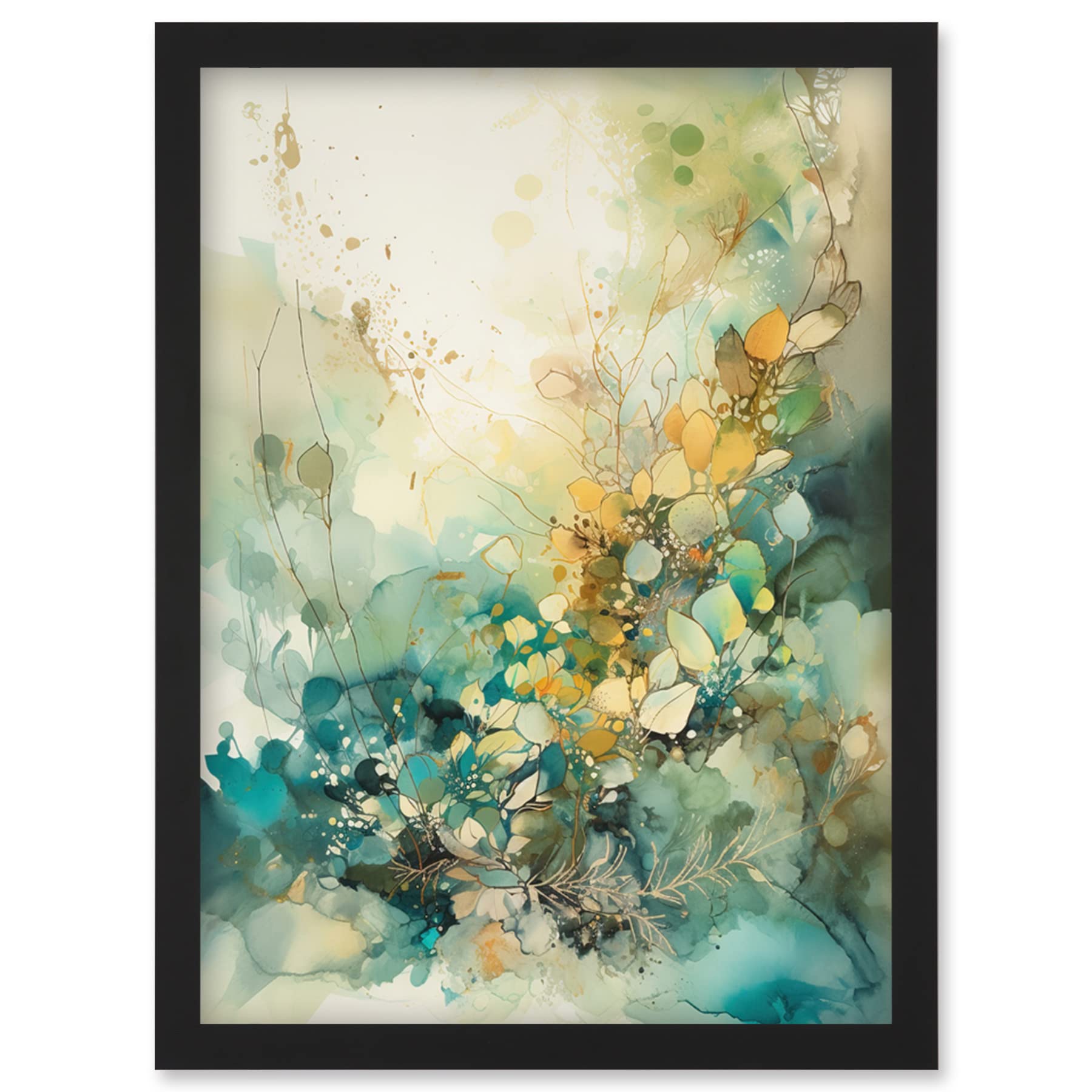 Artery8 Wild Plant Flora in Teal Blue and Orange Modern Watercolour Painting Artwork Framed Wall Art Print A4